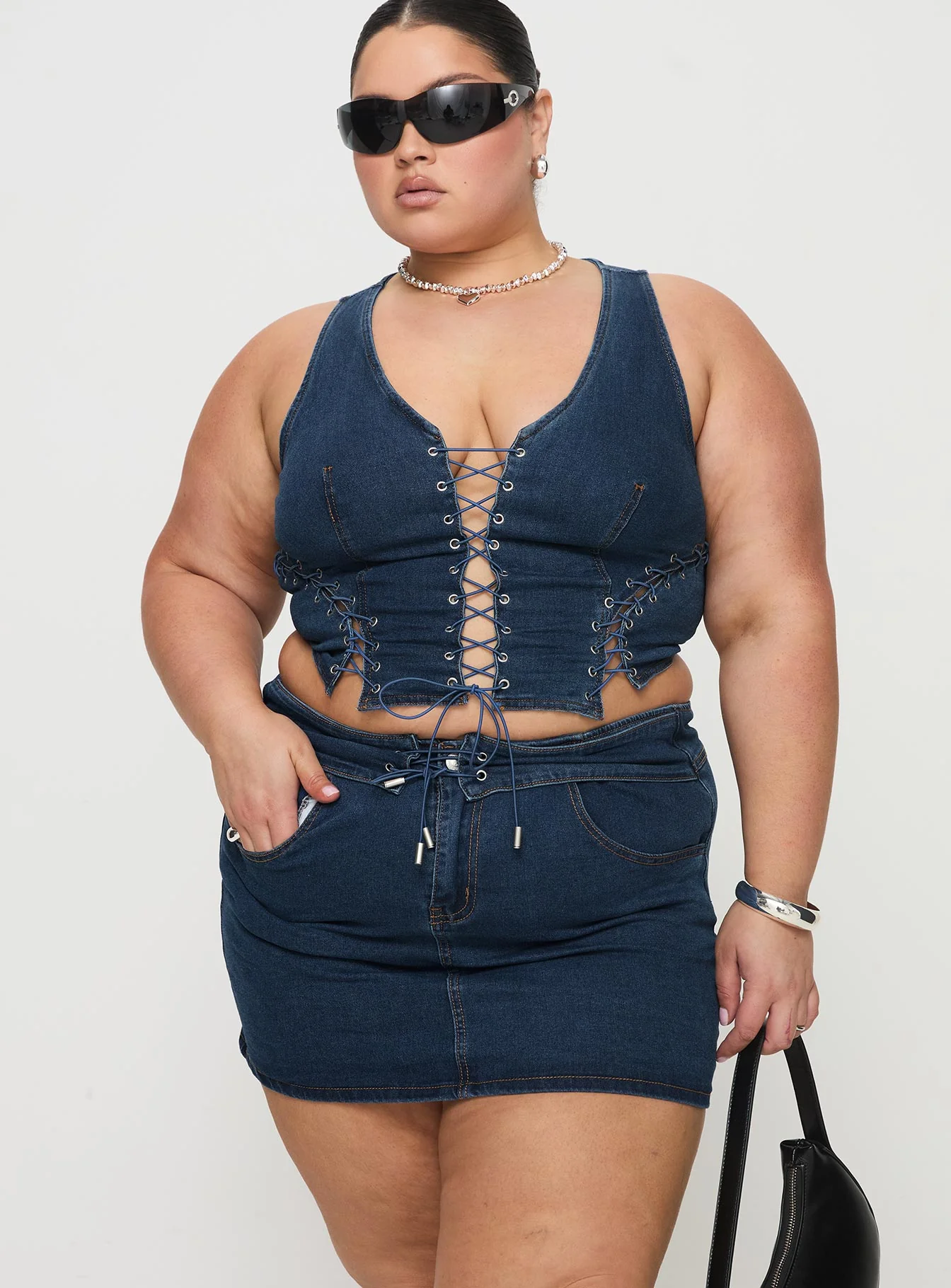 Popular Low Rise Mini Skirt Mid Blue Wash Curve