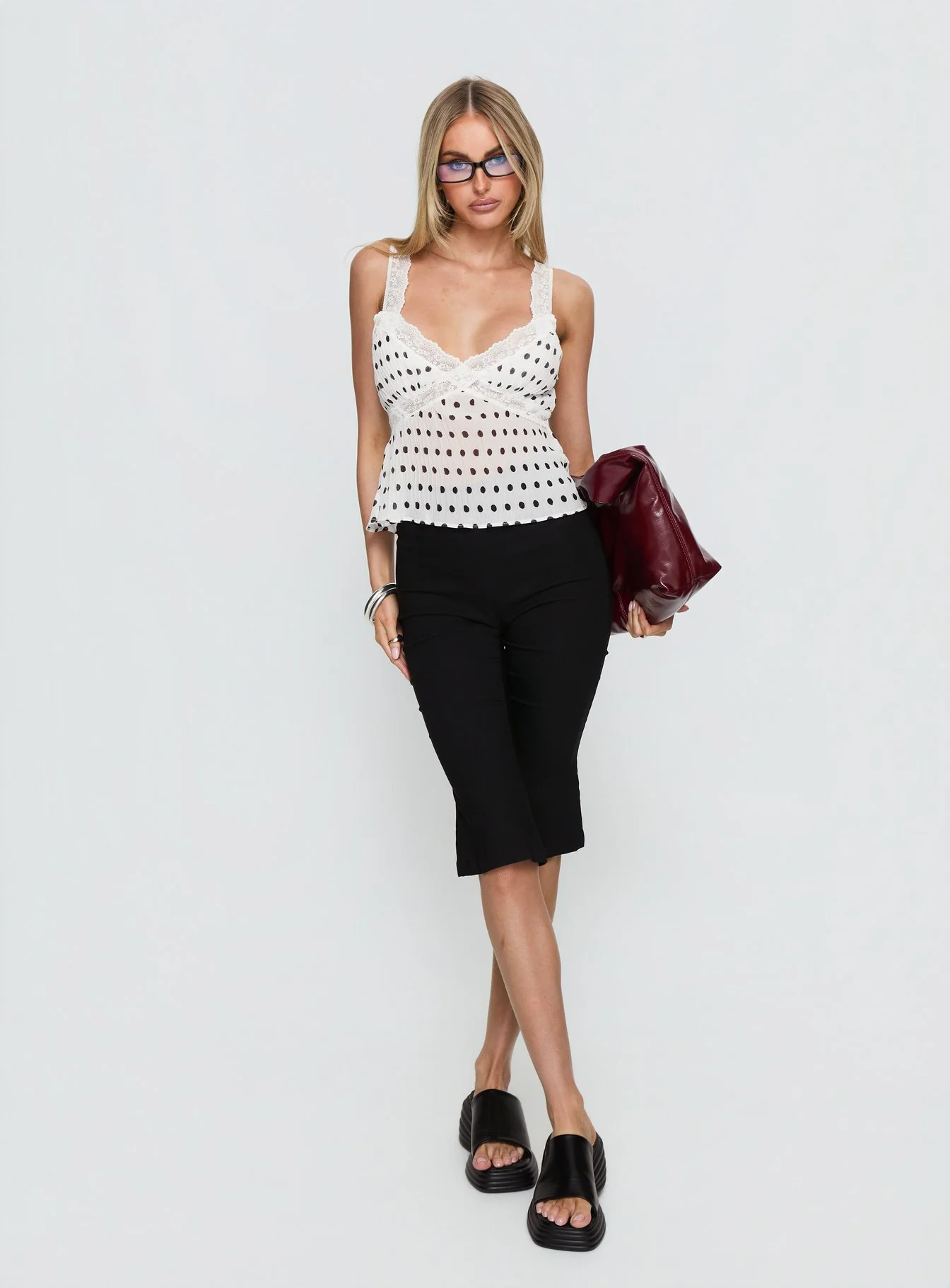 Raydon Lace Trim Cami Top White / Black Polka