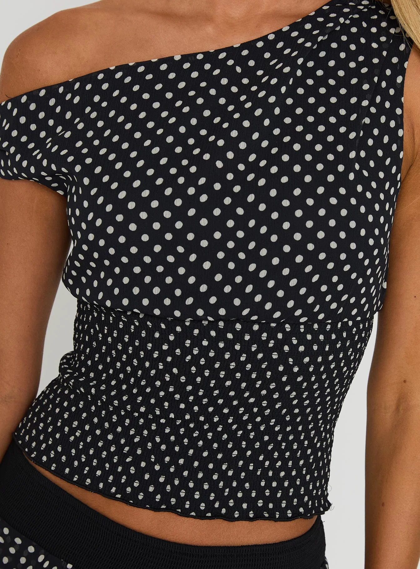 Ready To Party Off Shoulder Top Black Polka Dot