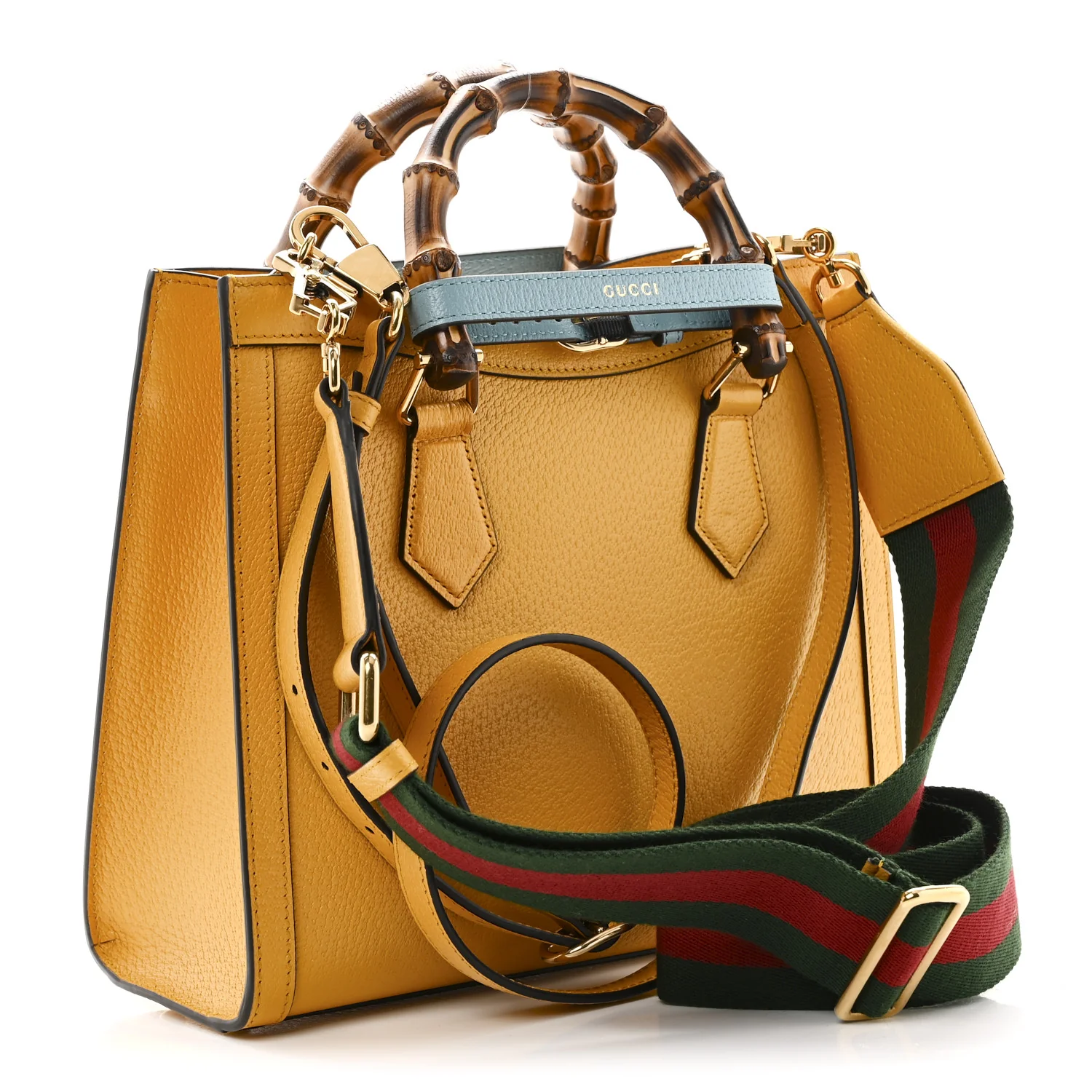 Textured Dollar Calfskin Web Small Diana Tote Bag Yellow Dusty Azure - Top Club
