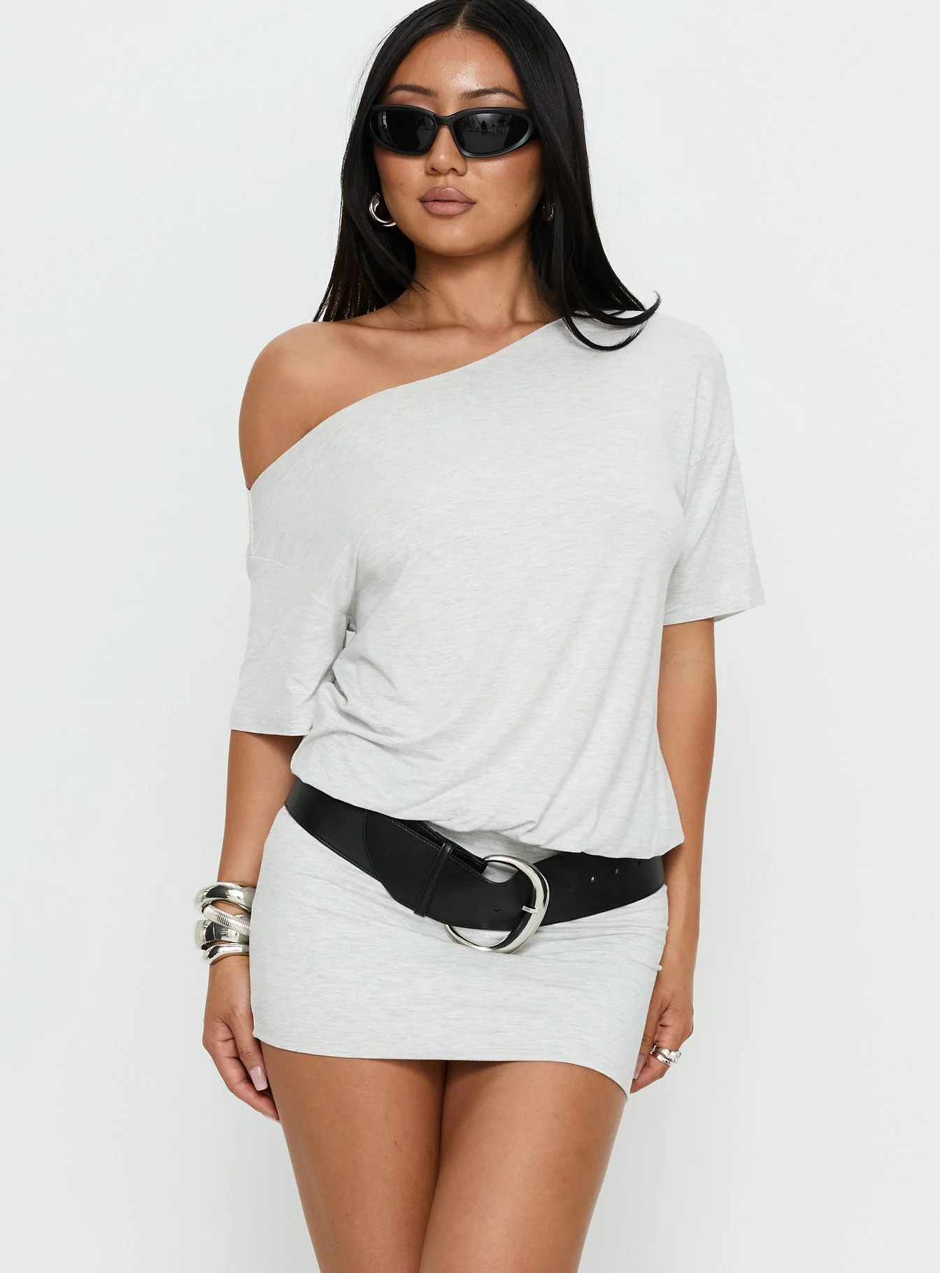 Ashlinn Off Shoulder Drapey Mini Dress Grey