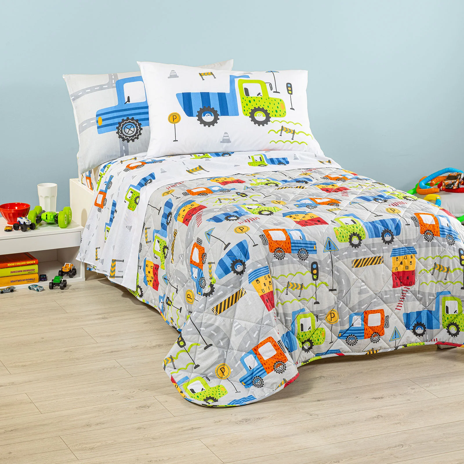 Copriletto Trapuntato In Cotone City Car Piazza E Mezza Grigio Caleffi Kids