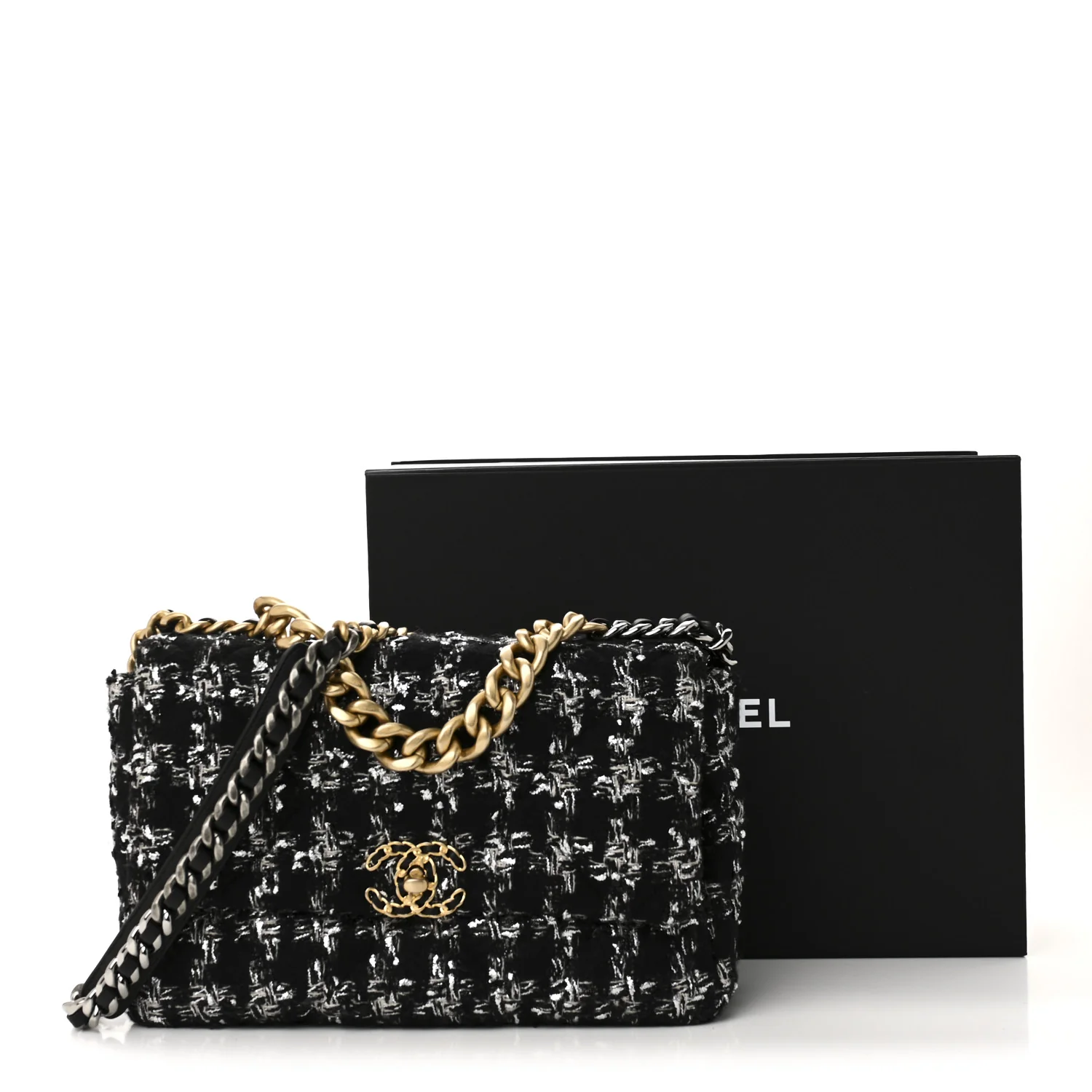 Tweed Quilted Large Chanel 19 Flap Black Silver Ecru - Top Club