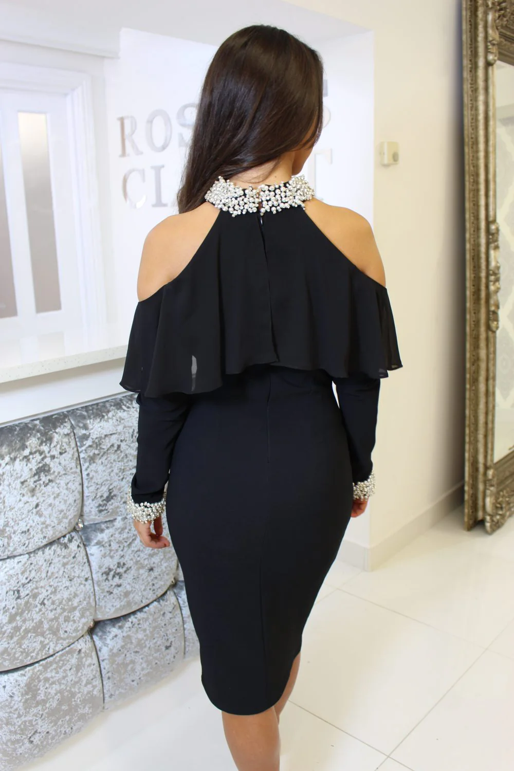 Black Cold Shoulder Diamonte Detail Midi Dress