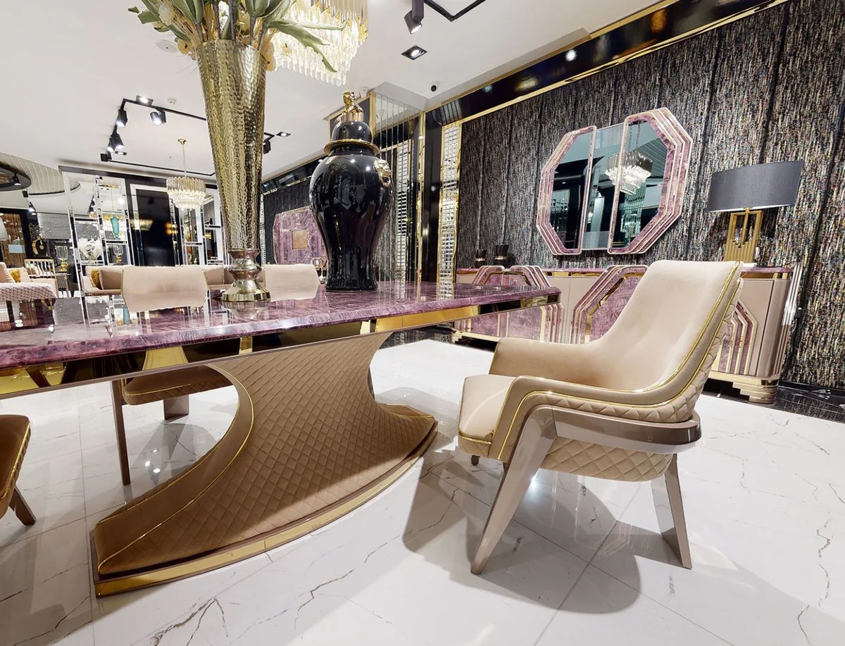 Luxury Art Deco dining table purple / beige / gold - handmade solid wood kitchen table with marble look table top - Art Deco dining room furniture