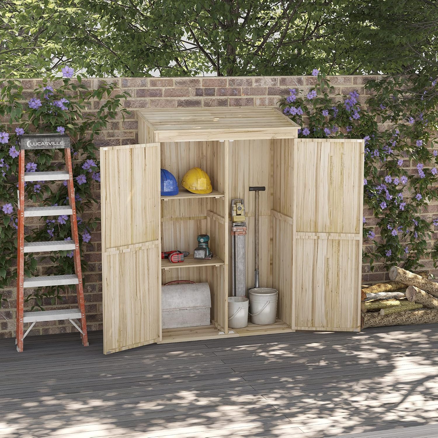 Outsunny Casetta da Giardino in Legno di Abete con 2 Porte, Capanno Per Attrezzi con Tetto Inclinato e Ripiani, 120x57x183cm, Naturale