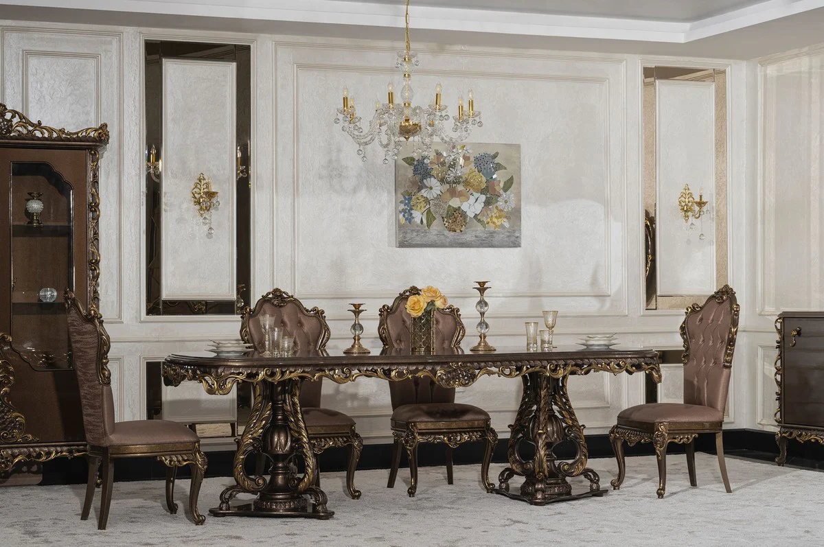 Luxury Baroque Dining Room Chair Set of 6 Gray / Brown / Gold - Magnificent Baroque Style Kitchen Chairs - Luxury Dining Room Furniture in Baroque Style - Baroque Dining Room Furniture - Baroque Style Furniture