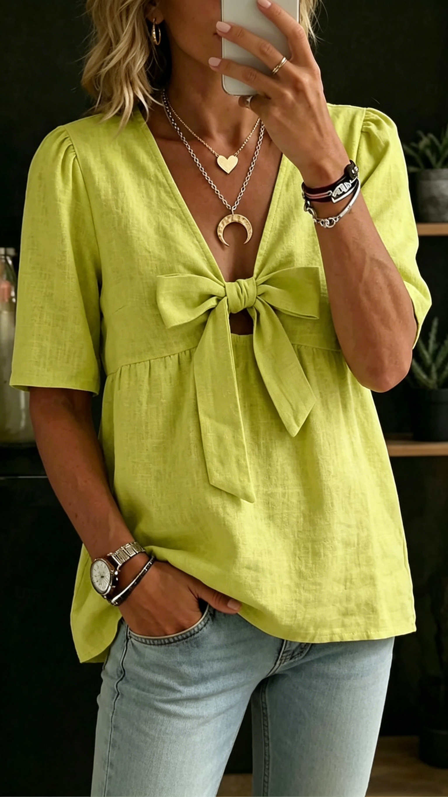 Women's fashionable loose casual V-neck tie bow shirt - Nordfashionstorm - Women's Clothing, Fashion for You - Nordfashionstorm.com