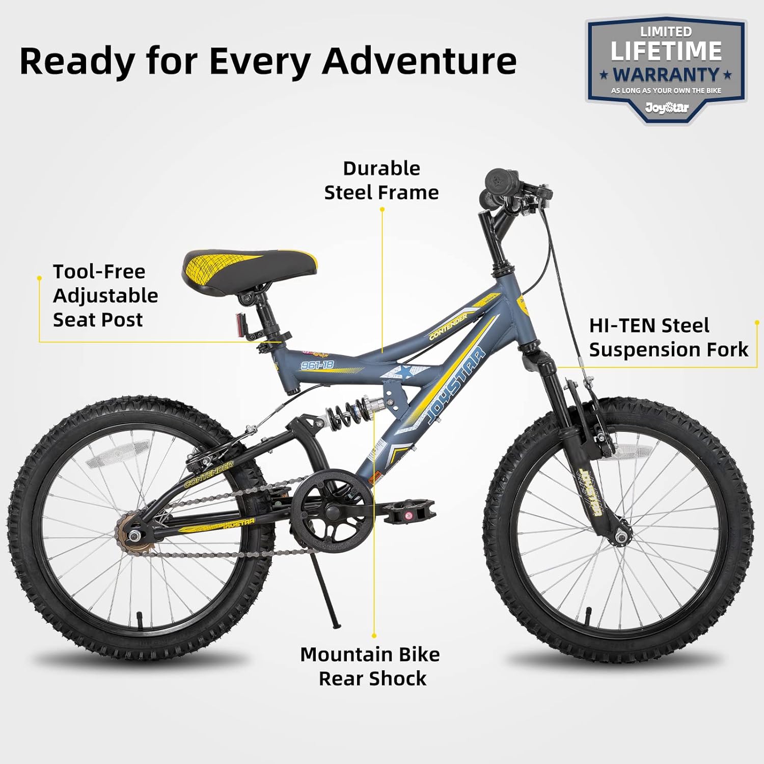 JOYSTAR mountain bike per bambini 20 pollici per ragazzi e ragazze dai 7 ai 13 anni, bici per bambini con telaio in acciaio a sospensione totale e trasmissione a 1 velocità con cavalletto.
