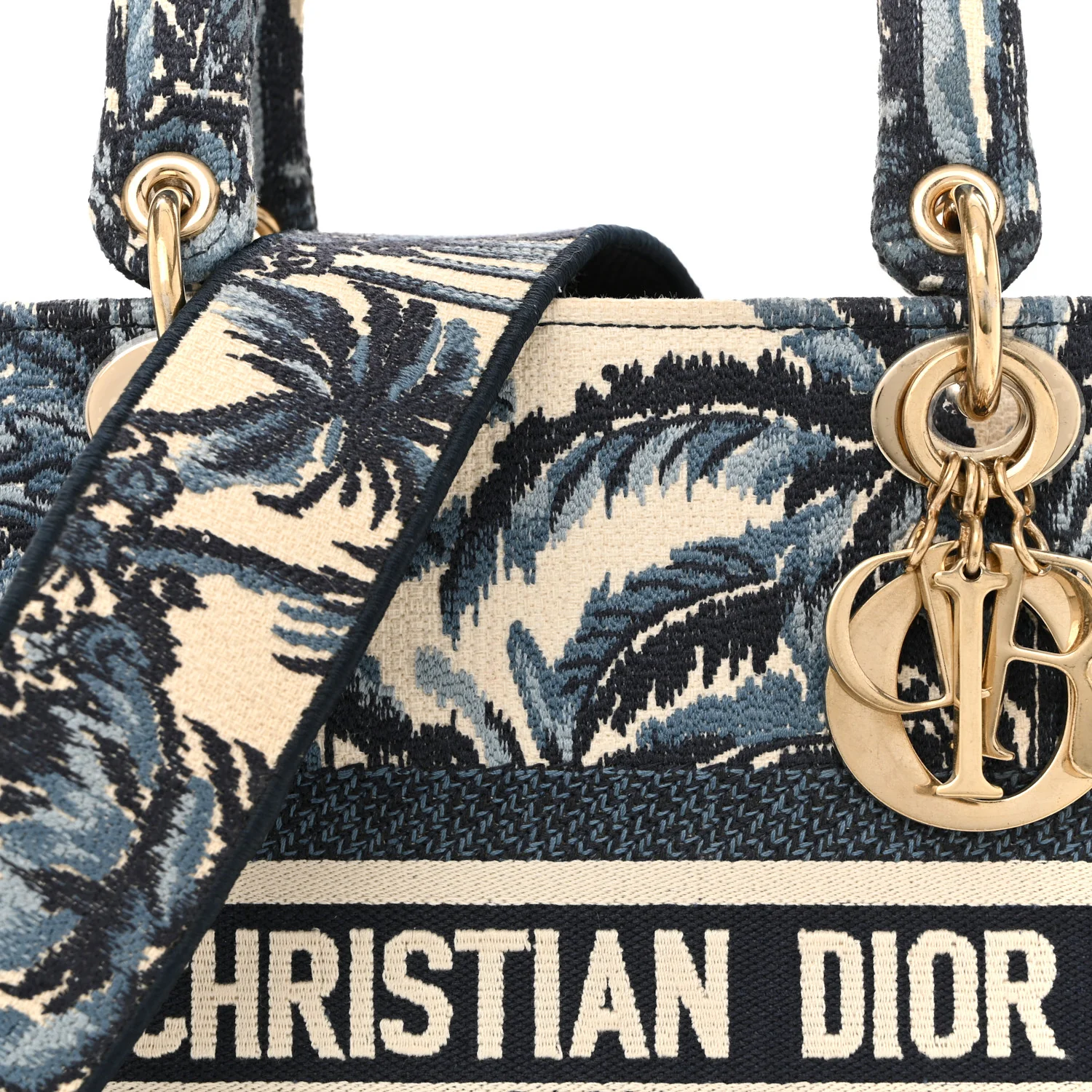 Canvas Embroidered Palm Tree Toile De Jouy Medium Lady D-Lite Blue - Top Club