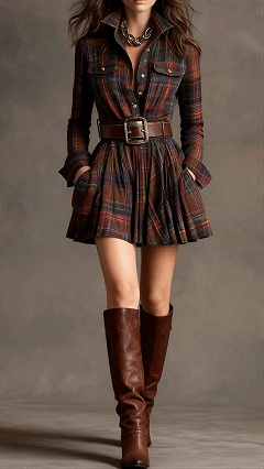 Women's Cotton‑blend Plaid Long‑sleeve Lapel Belted Pleated Mini Dress - Nordfashionstorm - Women's Clothing, Fashion for You - Nordfashionstorm.com