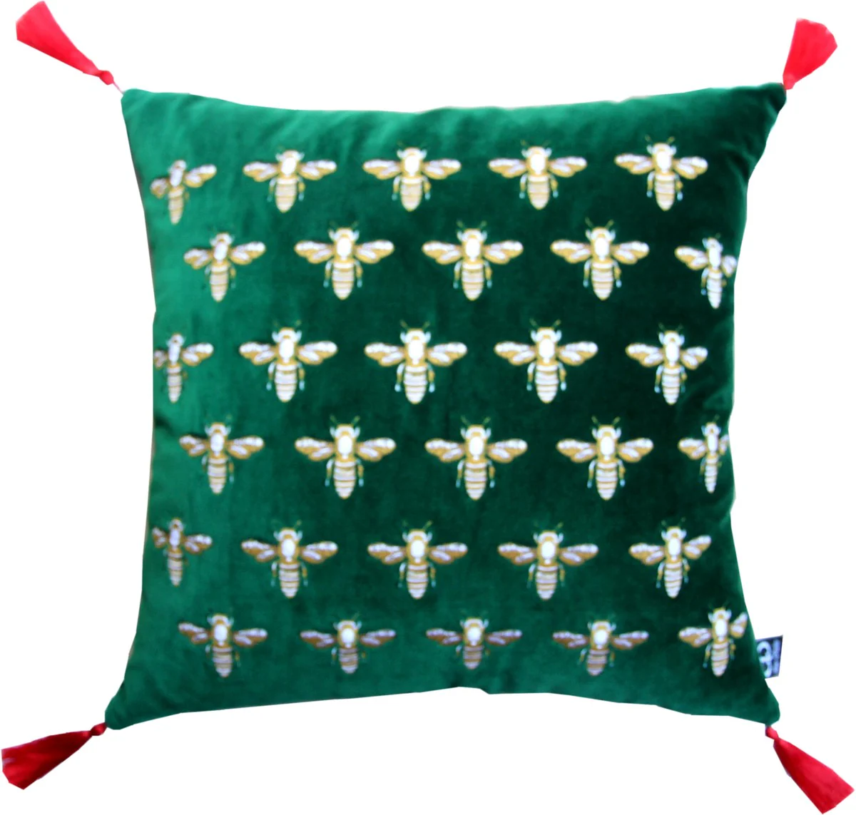 Luxury decorative cushion with tassels Bees green / red 45 x 45 cm - Finest velvet fabric - Luxury decorative accessories