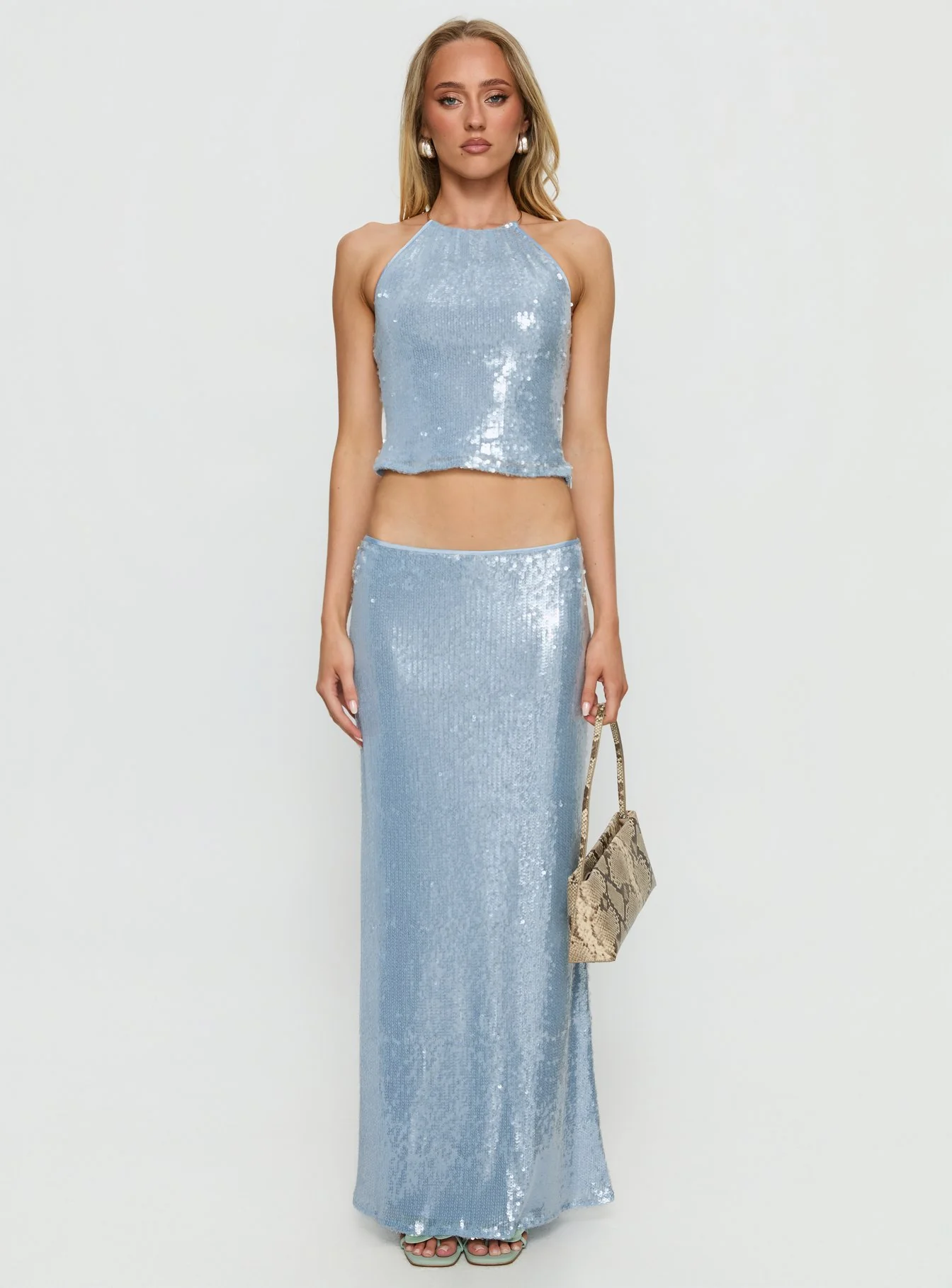 Emalia Halter Sheer Sequin Top Blue