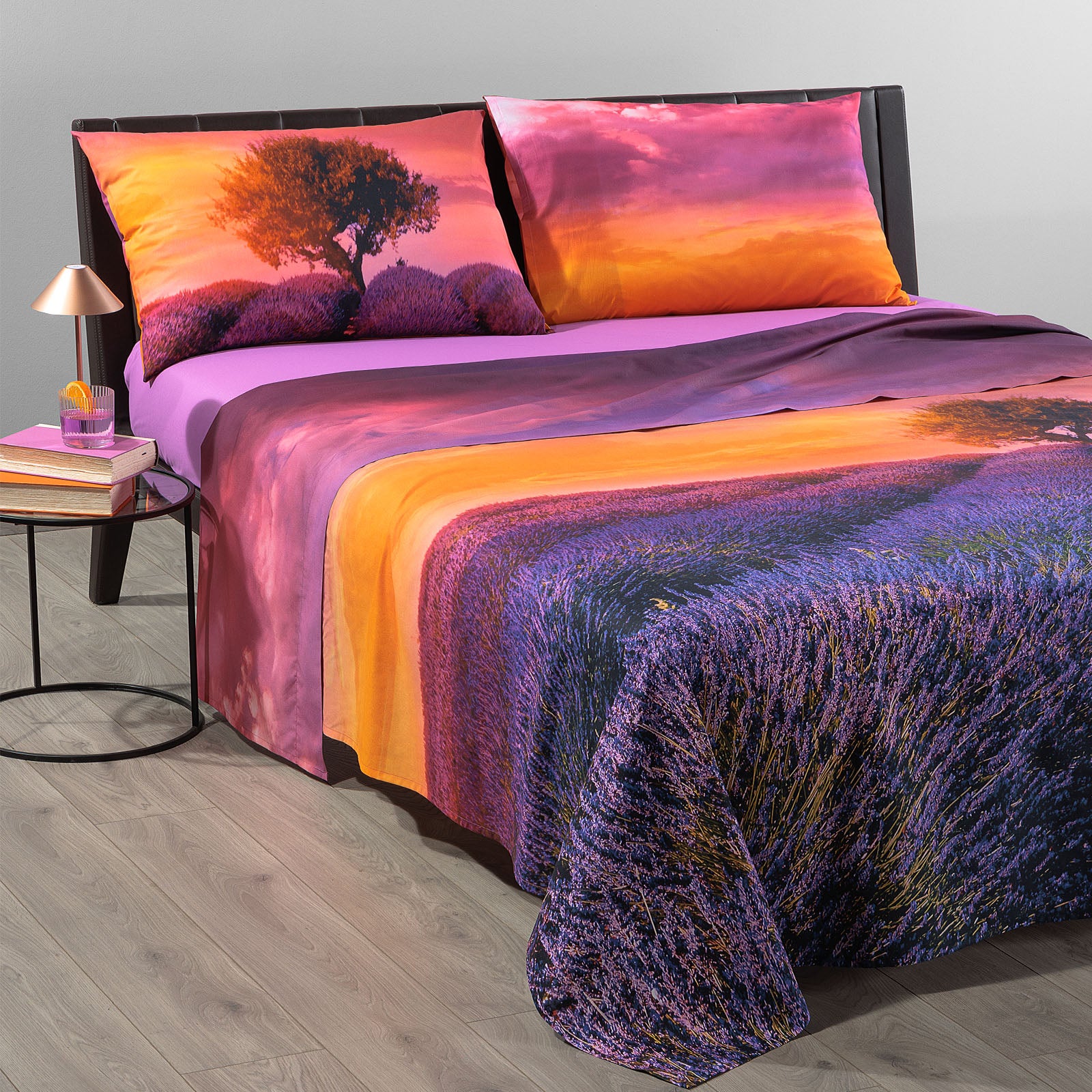 Lenzuola Copriletto In Cotone Lavender-Sunset Matrimoniale Unica Sogni Di Viaggio