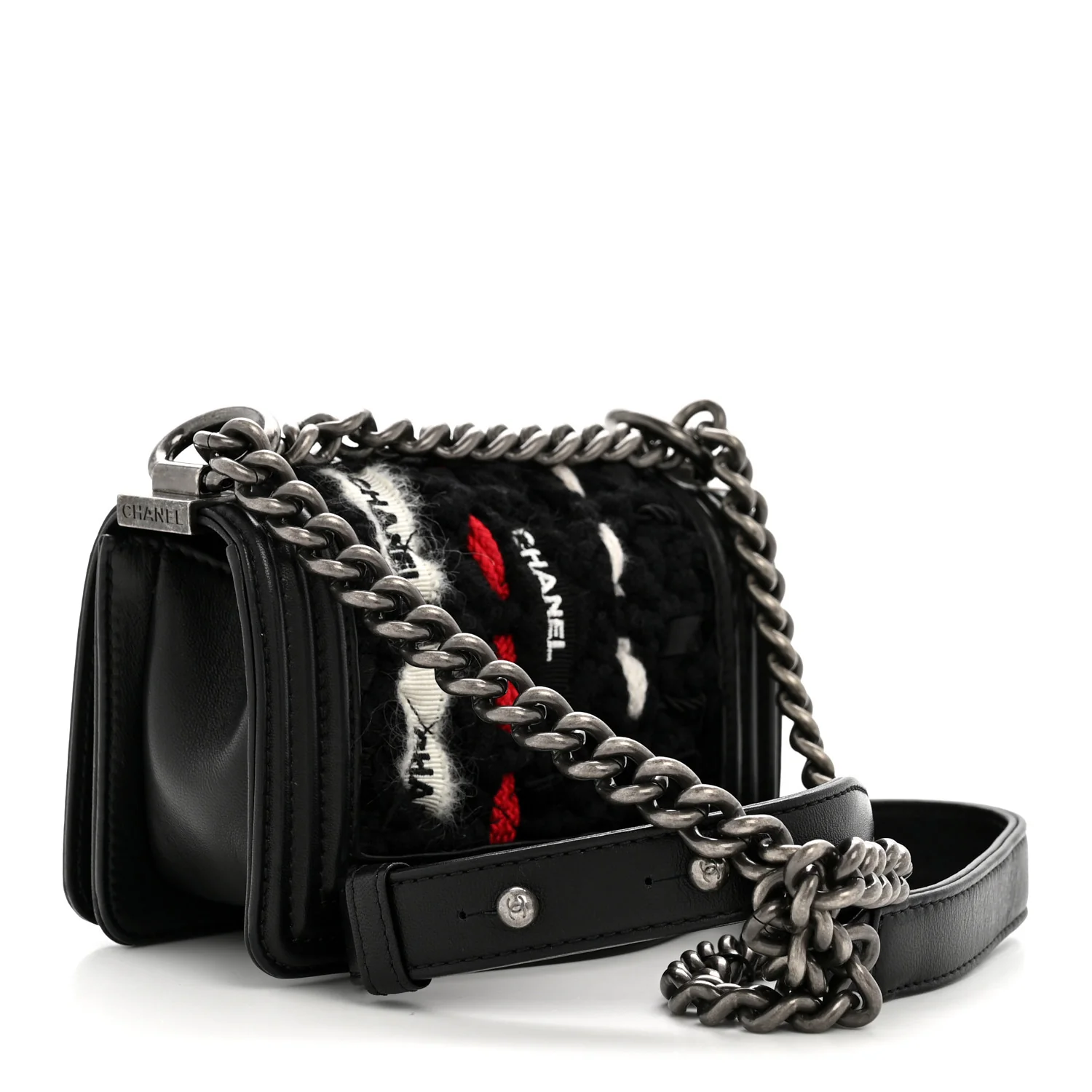Lambskin Tweed Logo Embroidered Mini Boy Flap White Red Black - Top Club