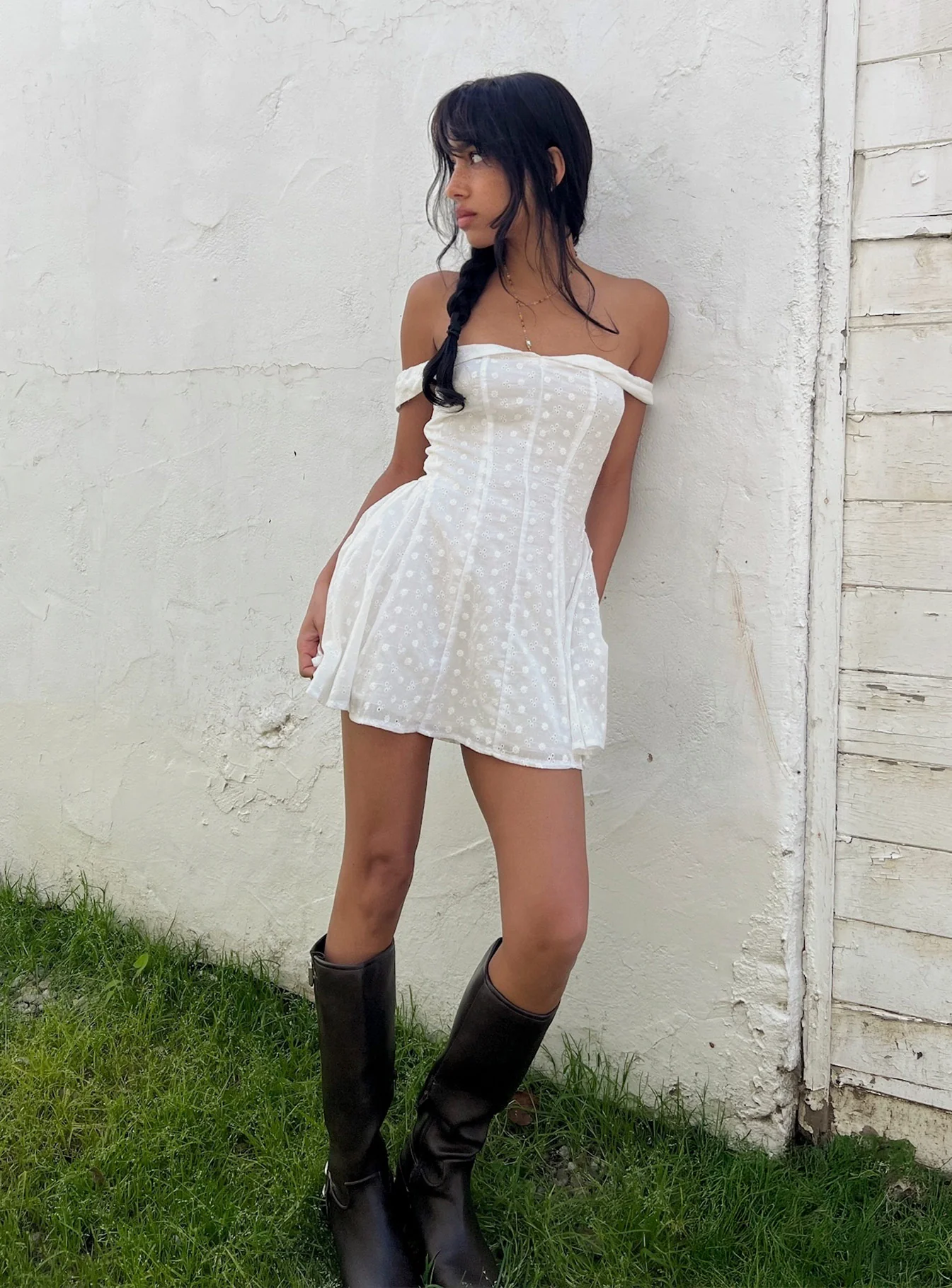 Rosebud Off The Shoulder Mini Dress White Petite