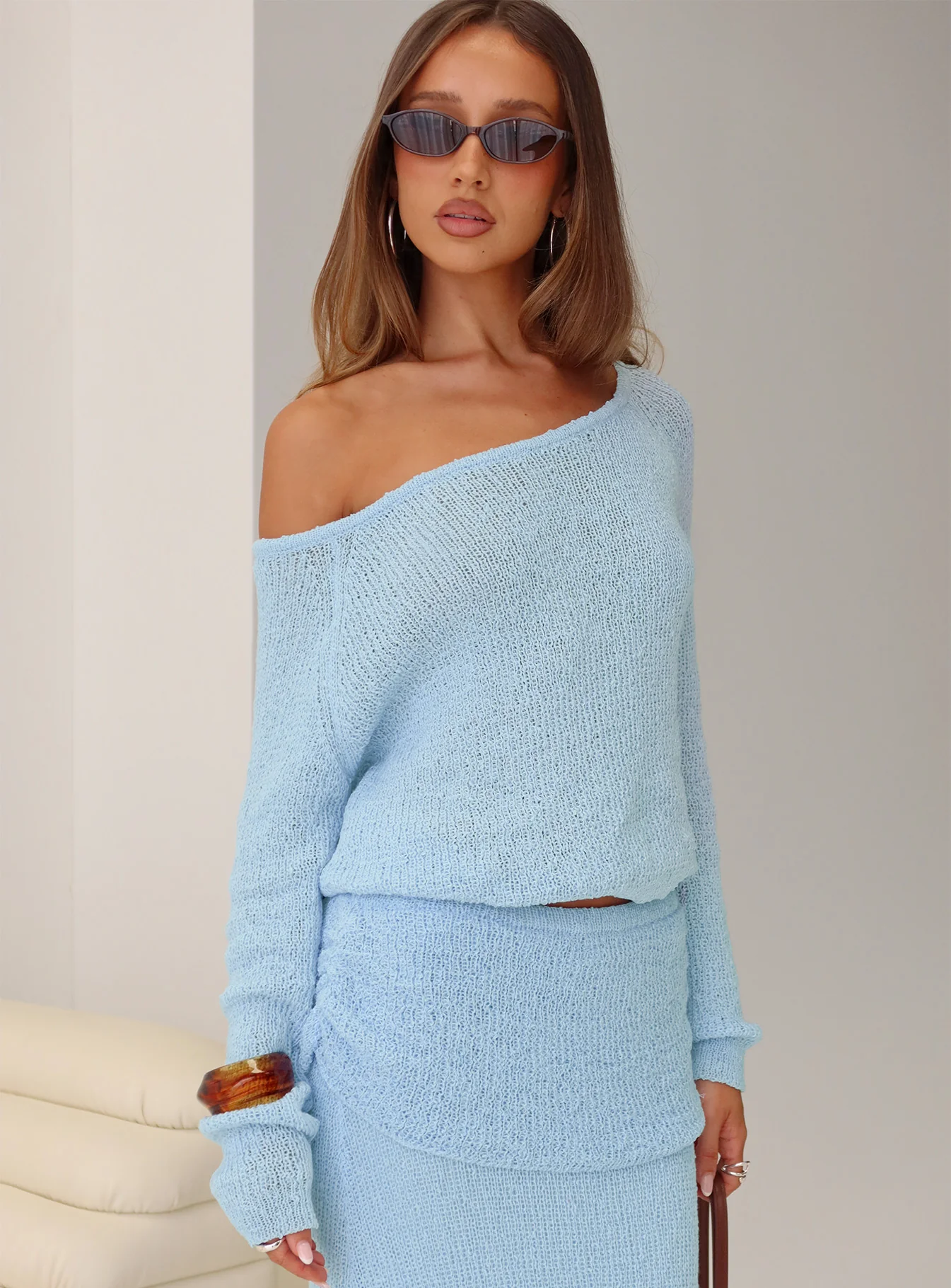 Ravira Wide Neck Knit Sweater Blue