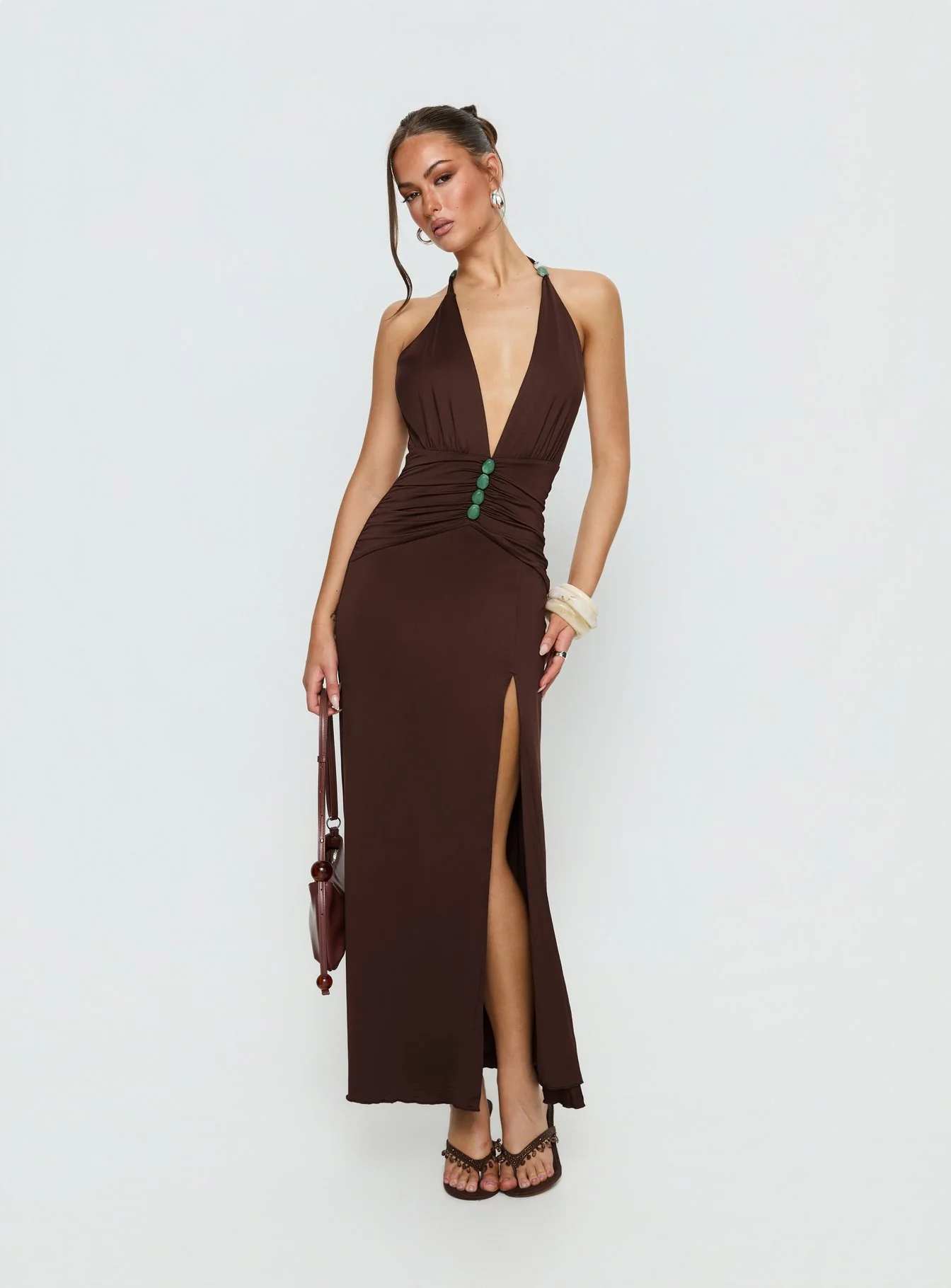 Sasami Halter Plunge Maxi Dress Chocolatae
