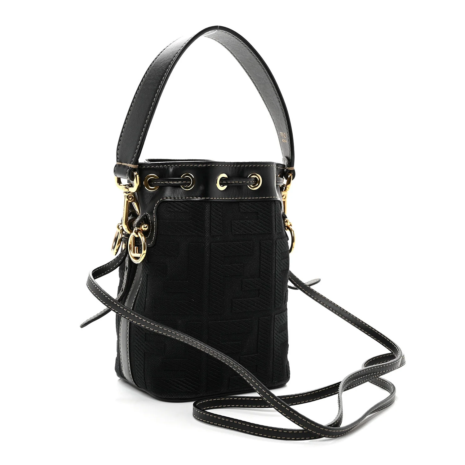 Canvas Vitello King F is Fendi FF Embroidered Mini Mon Tresor Bucket Bag Black