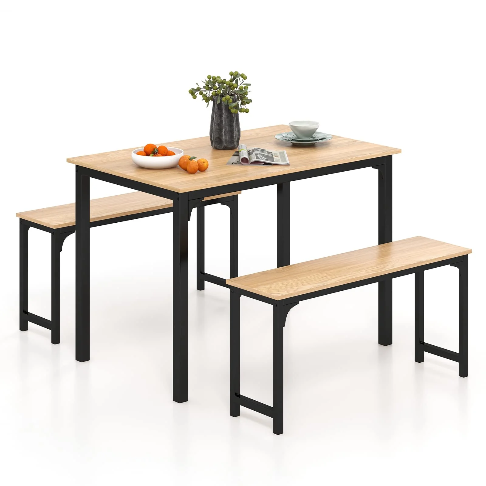 BEFOUNDLOVELY Dining Table Set with 2 Benches, Industrial Kitchen Table & Chairs with Metal Frame