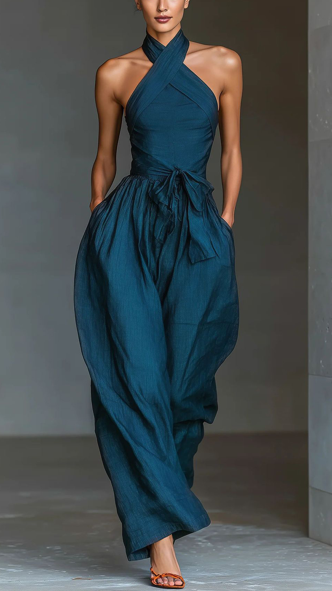 Women's Cotton‑blend Peacock Blue Crisscross Halter Waist‑cinched Wide‑Leg Jumpsuit - Nordfashionstorm - Women's Clothing, Fashion for You - Nordfashionstorm.com