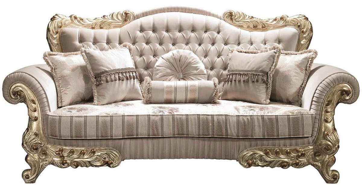 Luxury baroque sofa with rhinestones and decorative pillows beige / gold 230 x 85 x H. 110 cm - baroque living room furniture
