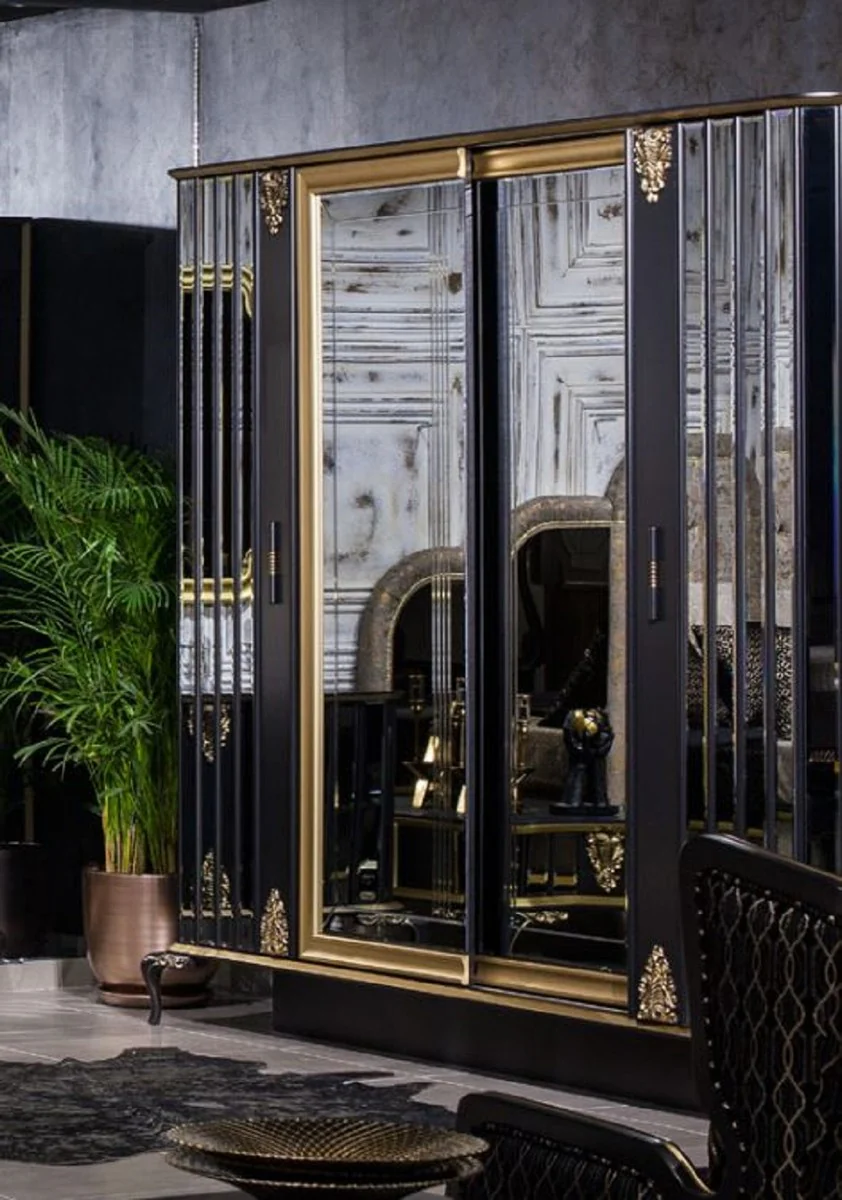 Luxury Baroque Bedroom Wardrobe Black / Gold - Mirrored Solid Wood Wardrobe in Baroque Style - Baroque Bedroom Furniture - Noble & Magnificent