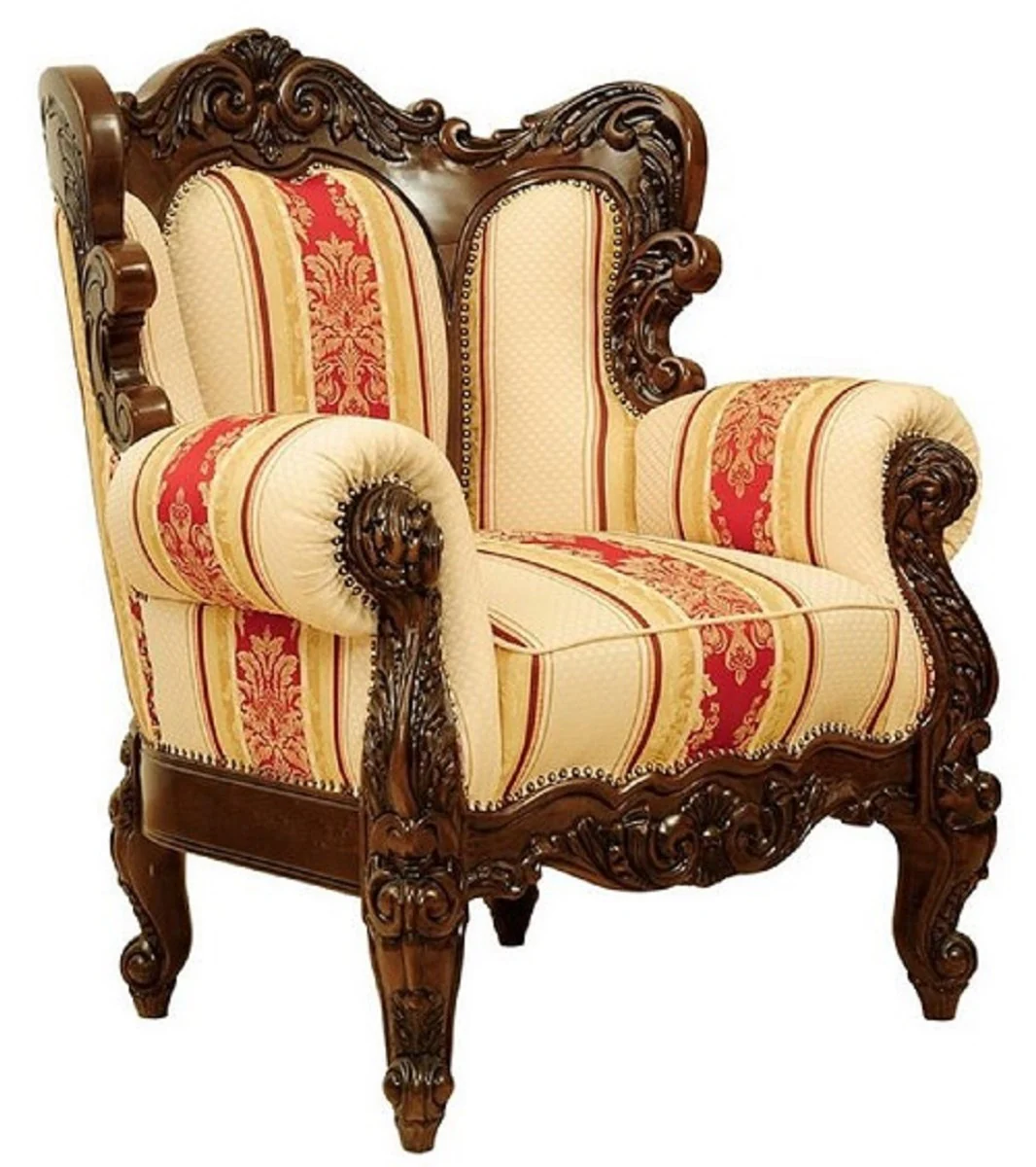 Luxury Baroque Living Room Set Cream / Yellow / Red / Dark Brown - 2 Baroque Sofas & 2 Baroque Armchairs & 1 Baroque Coffee Table - Living Room Furniture in Baroque Style - Noble & Magnificent