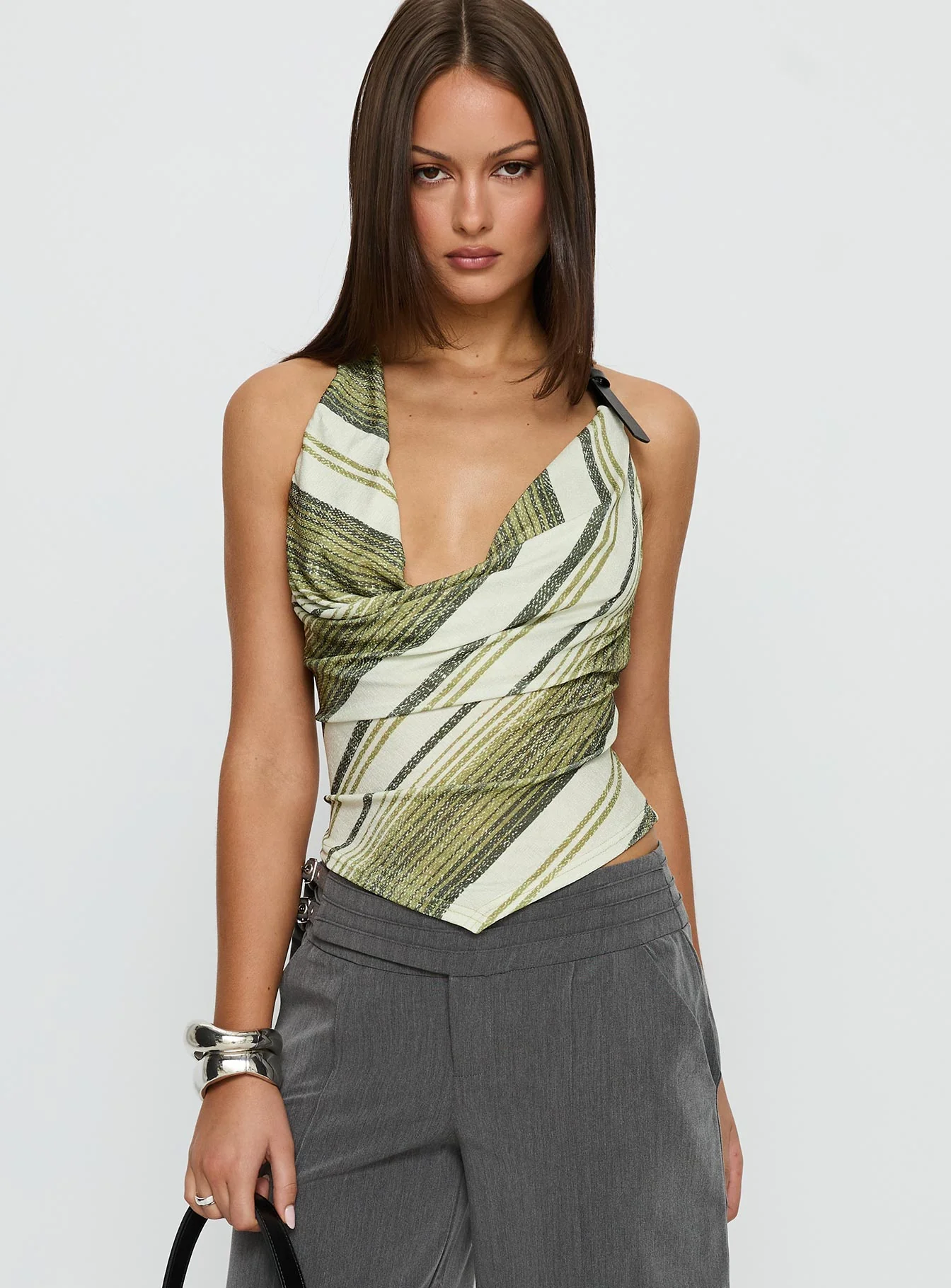 Syrenah Halter Cowl Neck Top Green Stripe