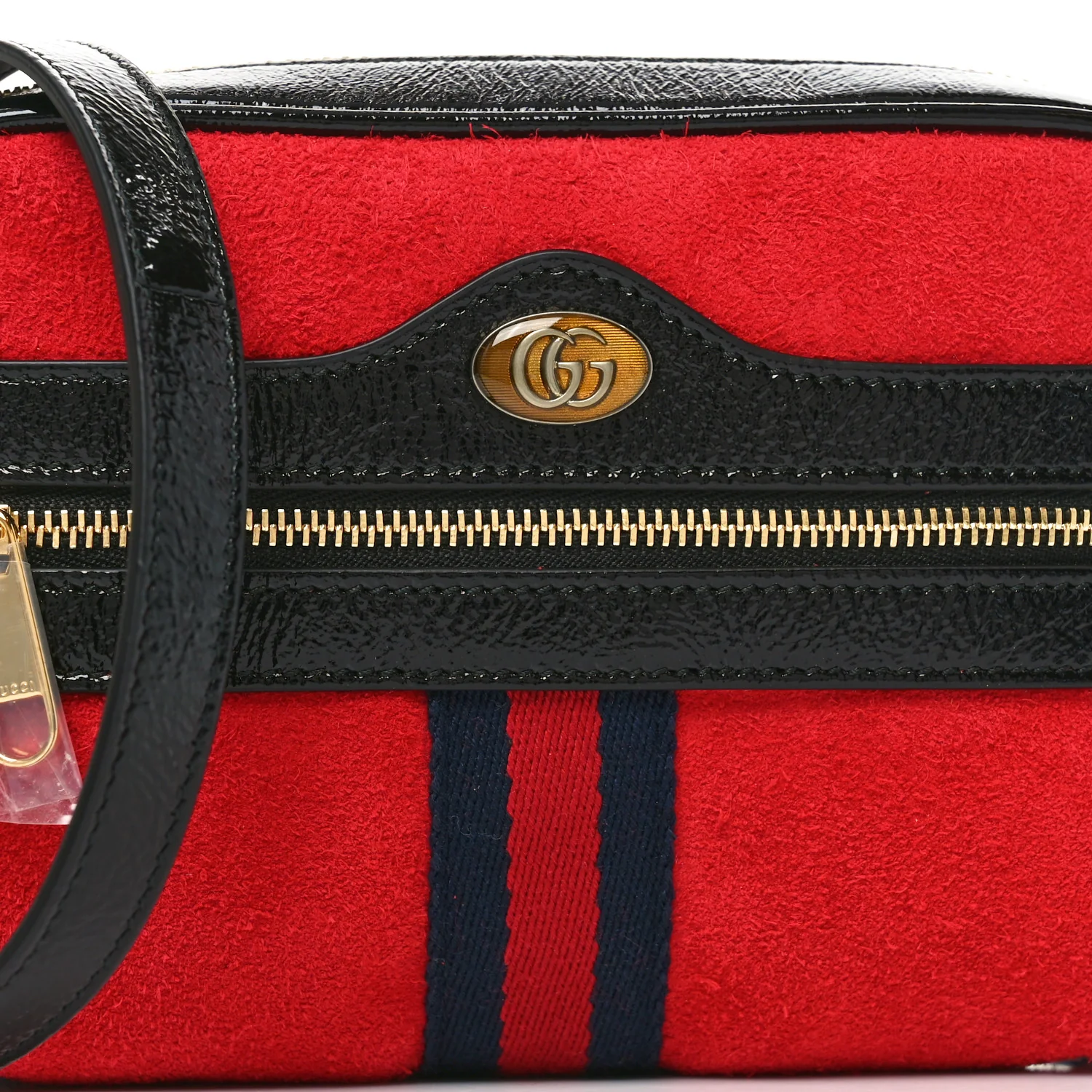 Suede Patent Web Mini Ophidia Shoulder Bag Hibiscus Red Black - Top Club