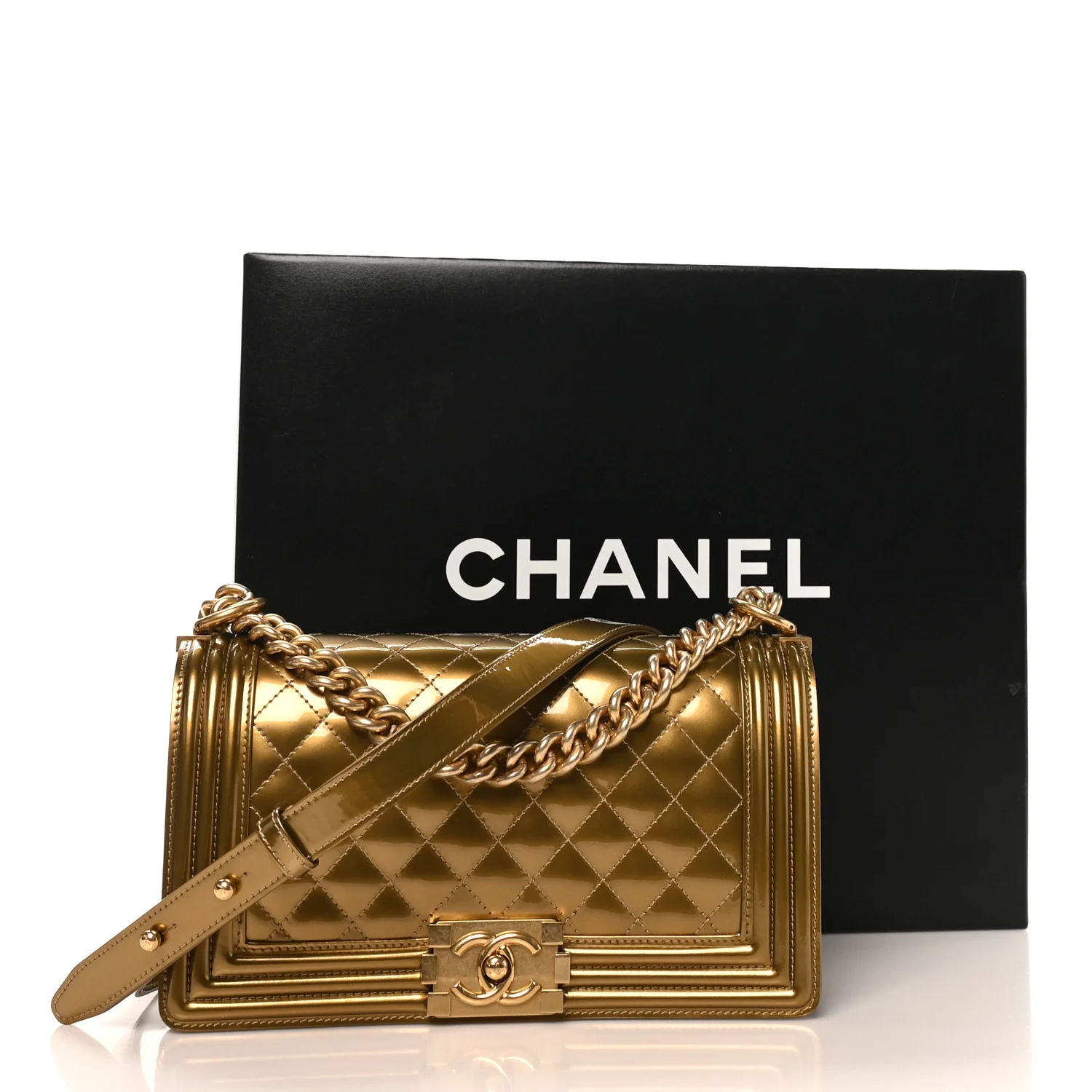 Metallic Patent Calfskin Quilted Medium Boy Flap Gold - Top Club