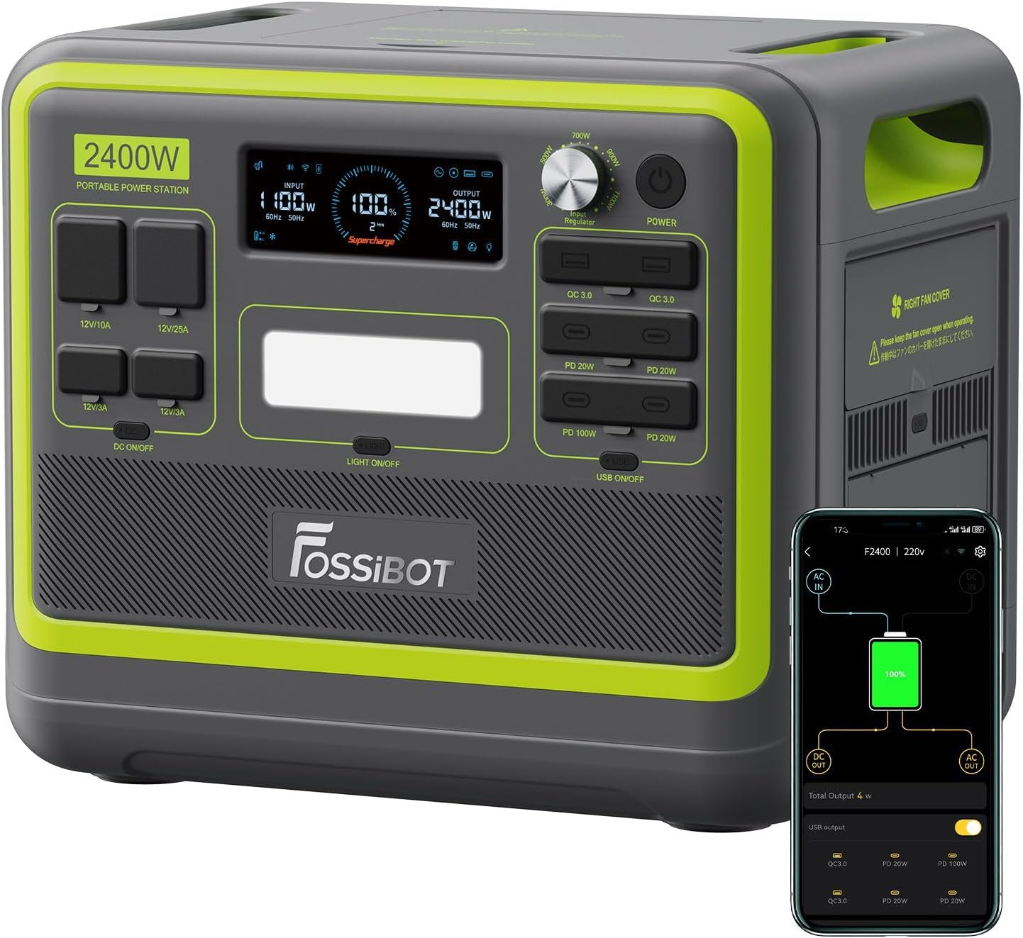FOSSiBOT F2400 Centrale Elettrica Portatile e Generatore Solare, Batteria di Backup LiFePO4 da 2048 Wh, Uscita CA 2400W (Picco 4800W), CC, USB,Power station adatta per Camper e Viaggi All'aperto
