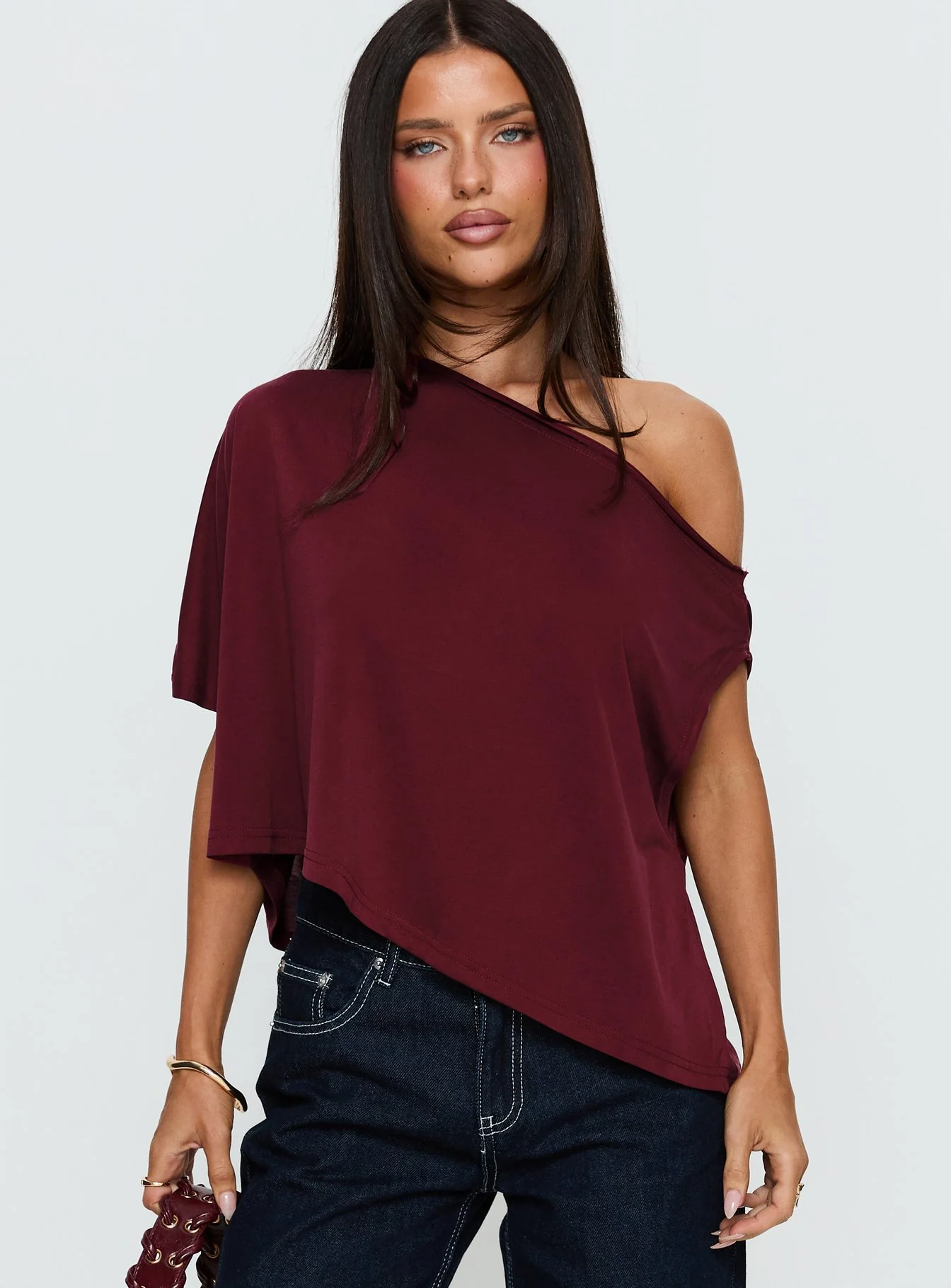 Passerby Asymmetrical Off Shoulder Top Burgundy
