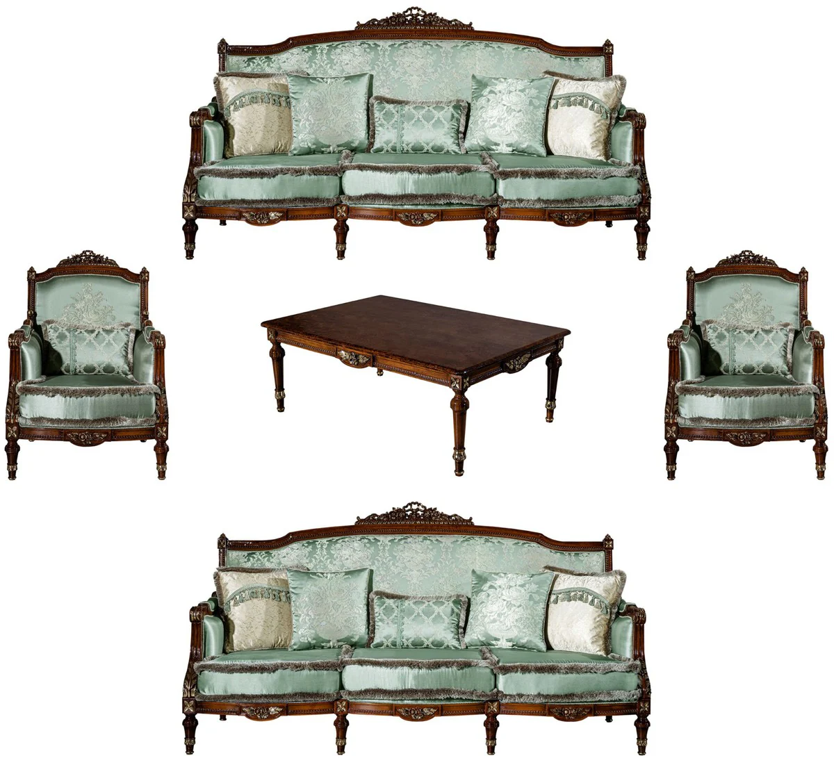 Luxury baroque living room set light green / brown - 2 sofas & 2 armchairs & 1 coffee table - magnificent living room furniture in baroque style