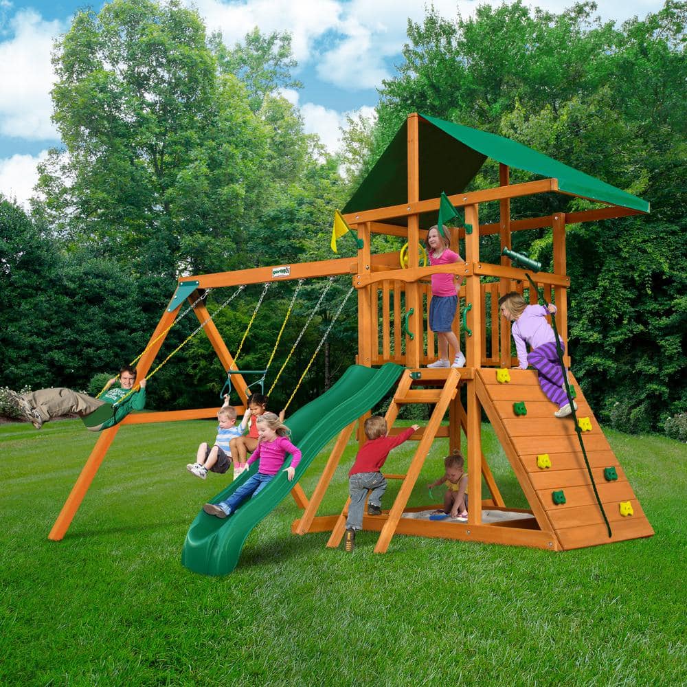 DYI Outing III Wooden Outdoor Playset with Tarp Roof, Rock Wall, Wave Slide, Swings and Backyard Swing Set Accessories