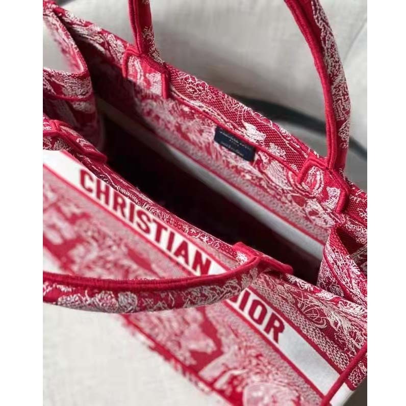 CD Unisex Medium Book Tote Burgundy Toile De Jouy Stripes Embroidery - Top Club