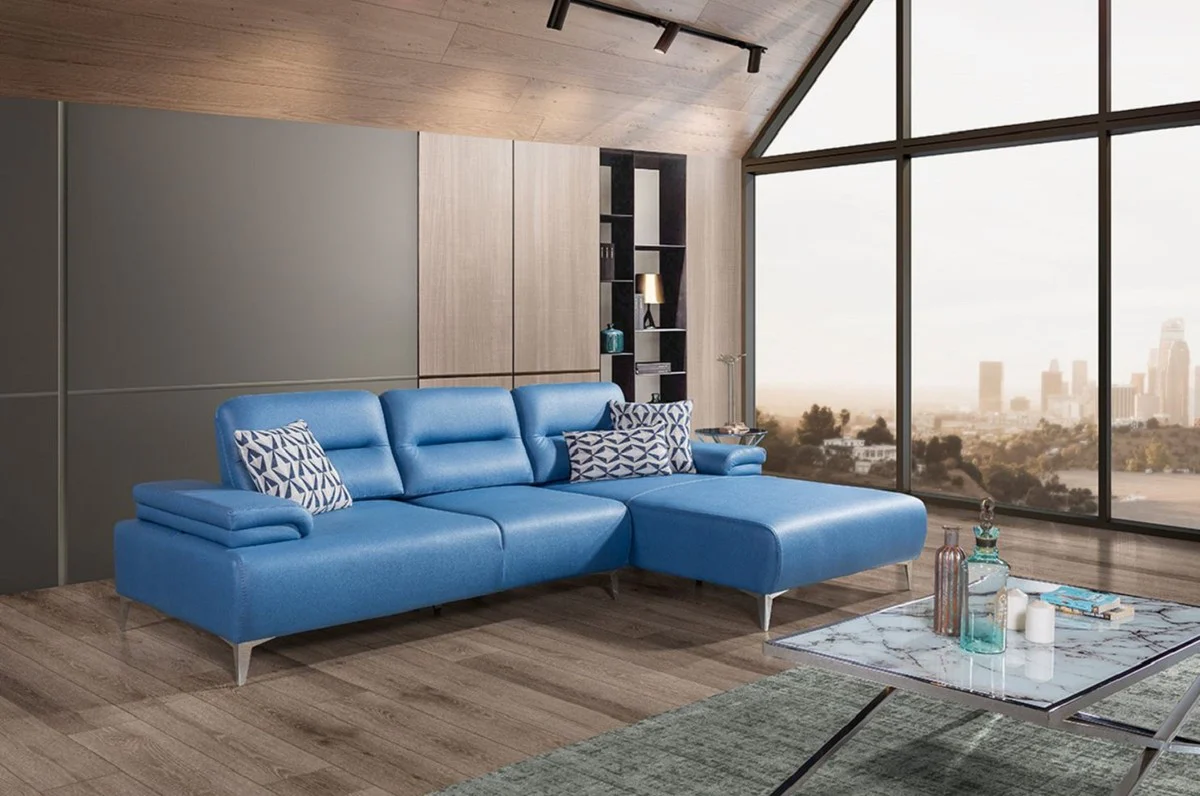 Luxury faux leather corner sofa blue / silver 285 x 182 cm - living room furniture