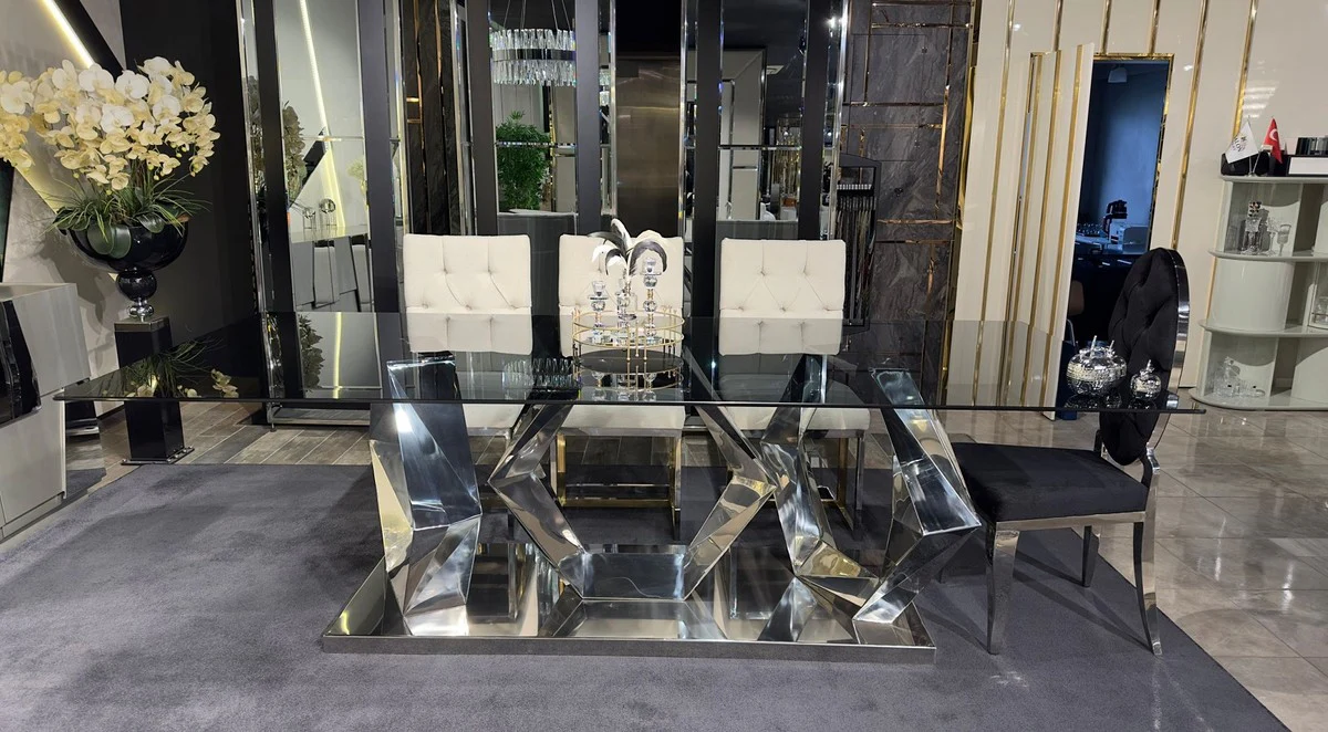 Luxury designer dining table silver 240 x 100 x H. 76 cm - Rectangular metal dining room table with glass top - Dining room furniture - Luxury furniture - Luxury dining room furnishings