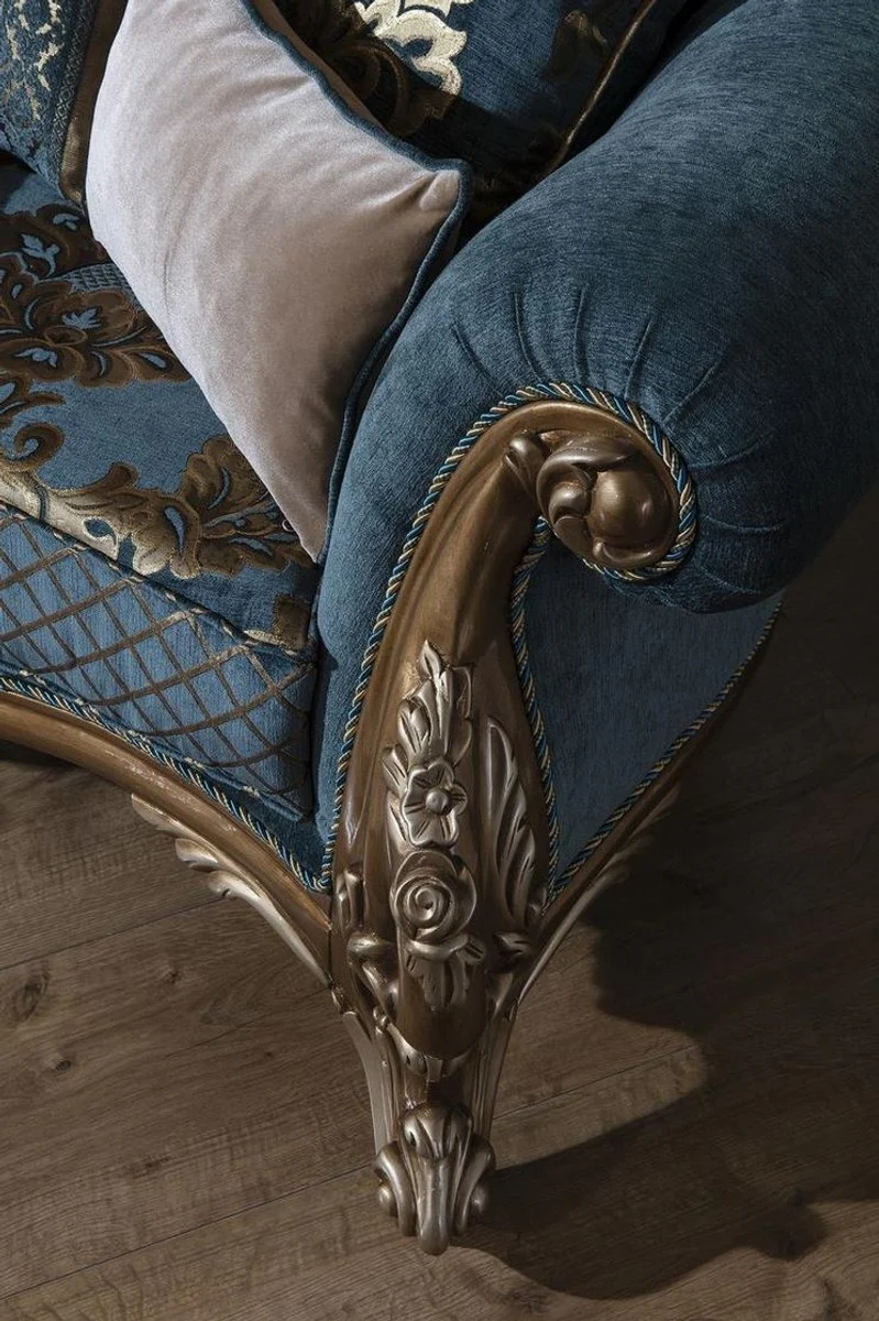 Luxury Baroque sofa blue / gold 260 x 90 x H. 125 cm - Magnificent living room sofa with elegant pattern and decorative pillows - Baroque furniture
