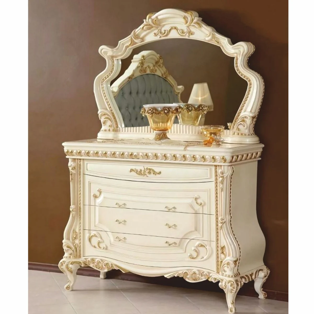 Luxury baroque chest of drawers with mirror cream / gold - bedroom furniture