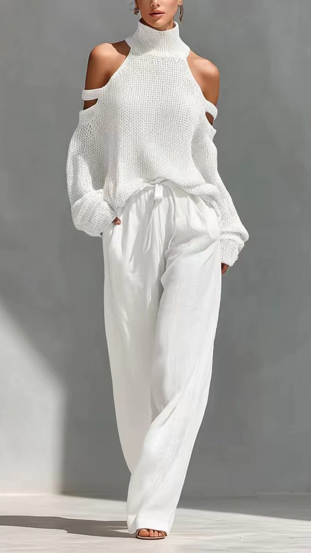 Women's Cotton-Blend Off-White Cold-Shoulder Knit Loose Set - Nordfashionstorm - Women's Clothing, Fashion for You - Nordfashionstorm.com