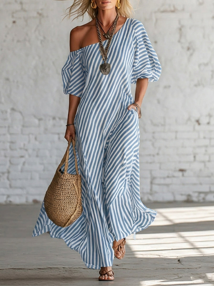 Elegant And Classic Striped Off-shoulder Maxi Dress - Nordfashionstorm - Women's Clothing, Fashion for You - Nordfashionstorm.com