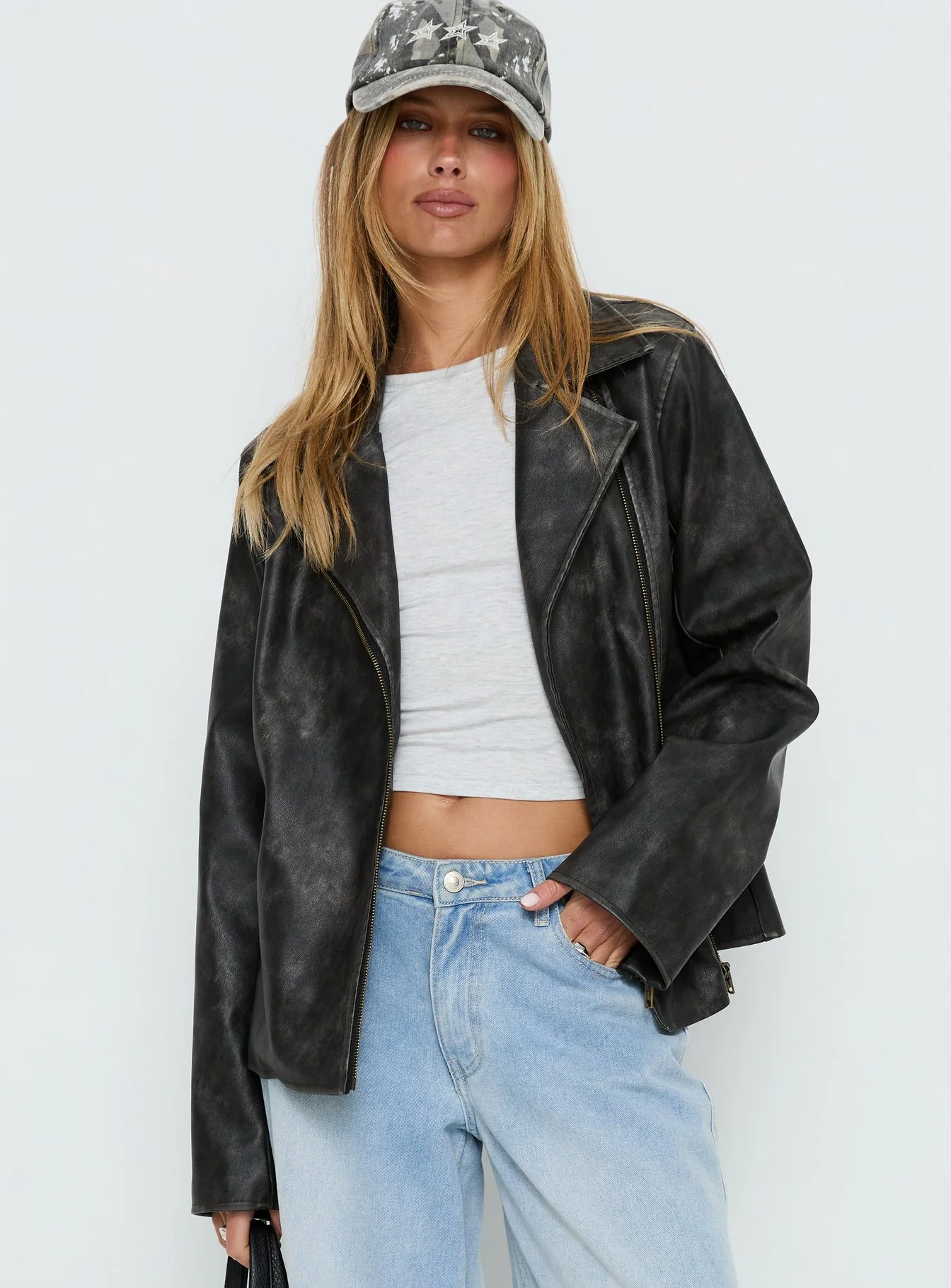 Vyolette Faux Leather Collared Jacket Washed Black