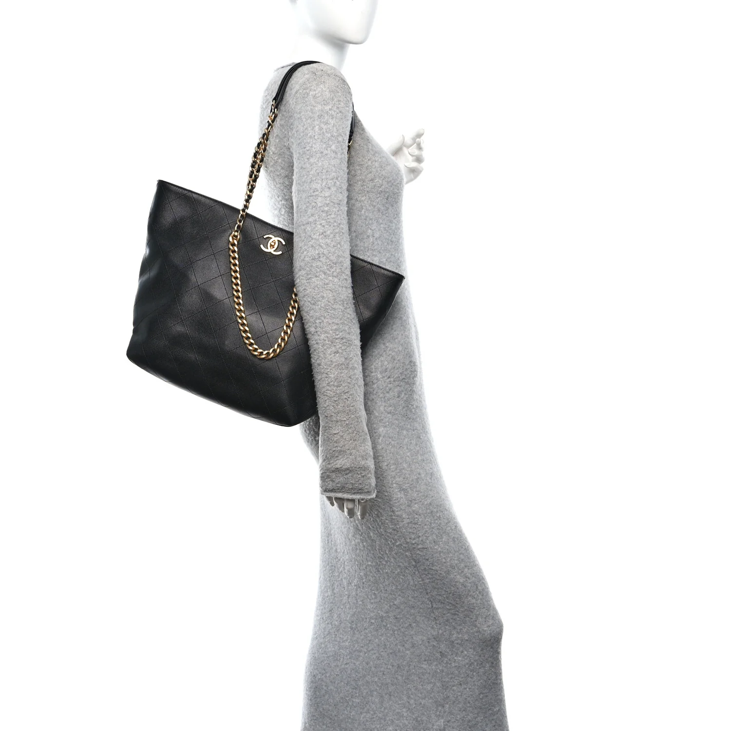 Shiny Caviar Stitched Softly Quilted Tote Black