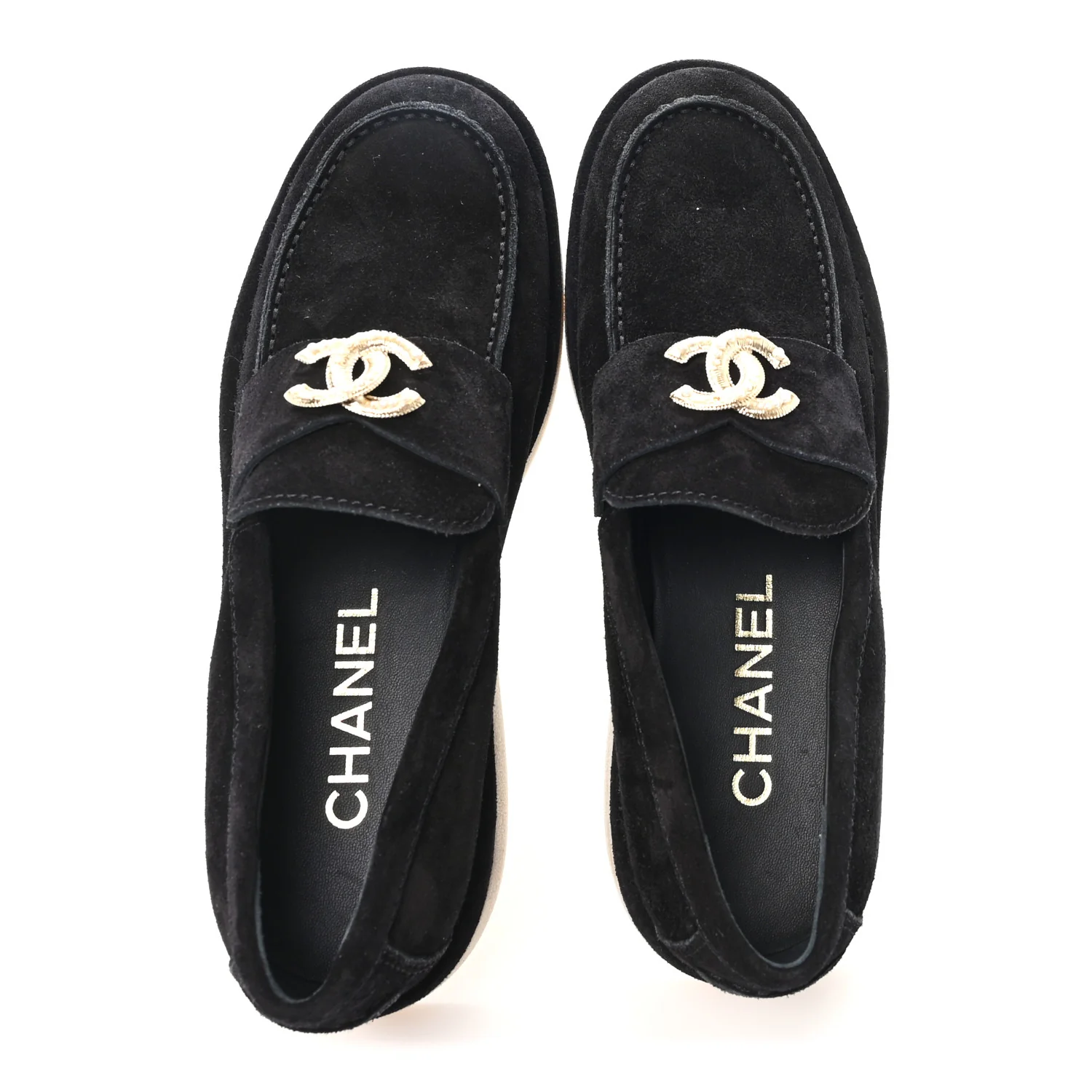 Suede Calfskin Pearl CC Moccasin Loafers 38.5 Black
