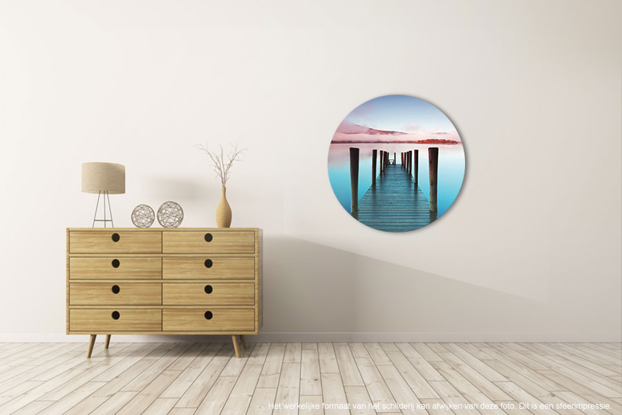 Rond glasschilderij - Steiger in meer 80 cm diameter