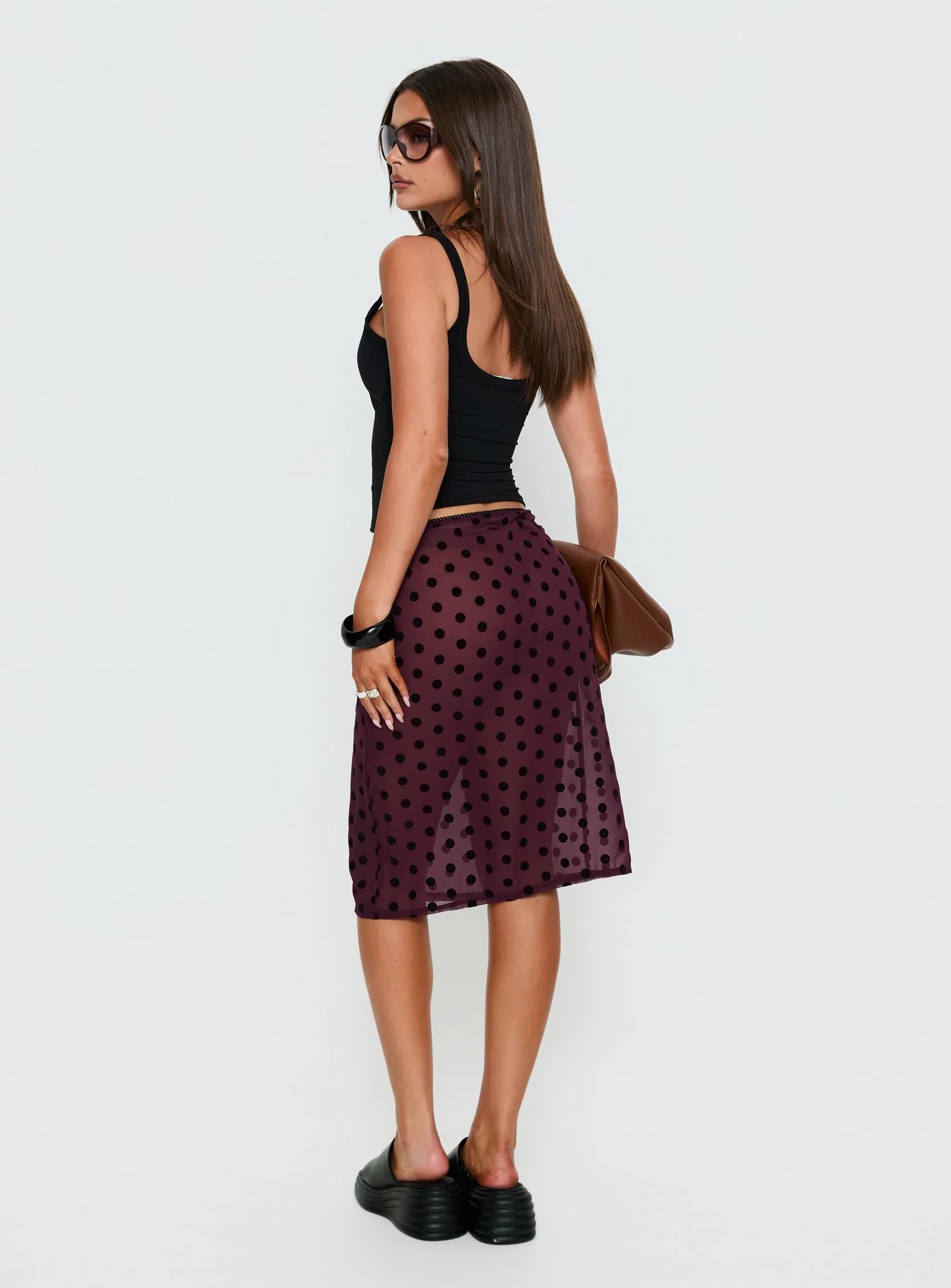 Evani Sheer Chiffon Midi Skirt Polka Maroon