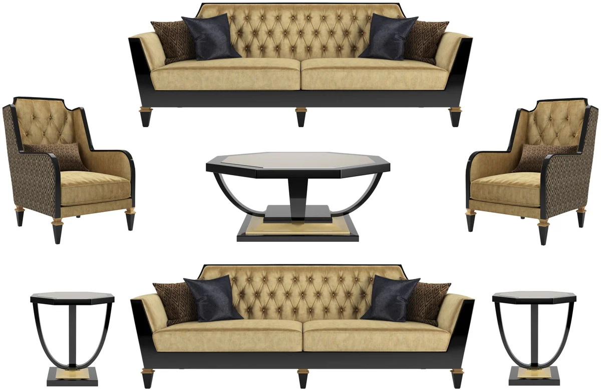 Luxury Baroque Living Room Set Gold / Black - 2 Sofas & 2 Armchairs & 1 Coffee Table & 2 Side Tables - Living Room Furniture in Baroque Style - Noble Baroque Furniture