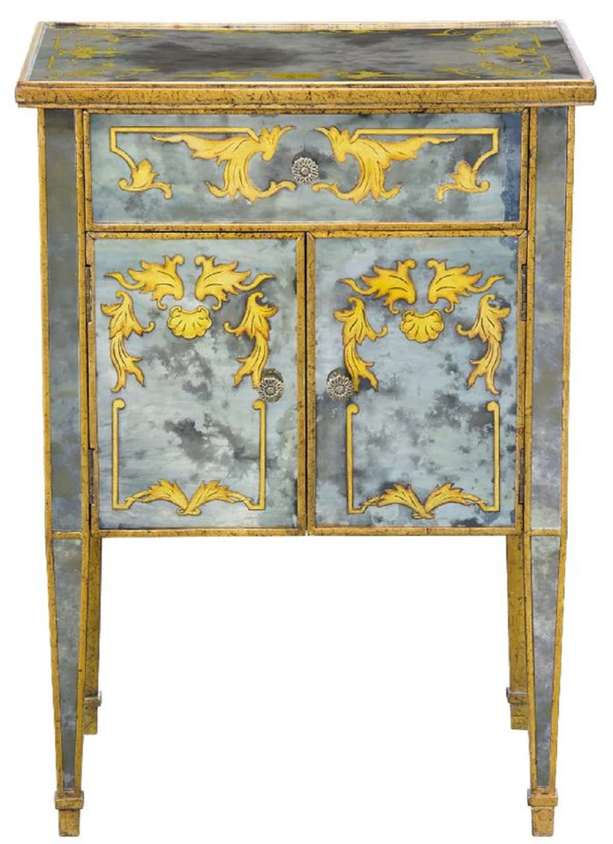 Luxury Baroque chest of drawers antique gold / gold 52 x 41 x H. 71 cm - Mirrored mahogany bedside table - Night chest of drawers - Baroque furniture