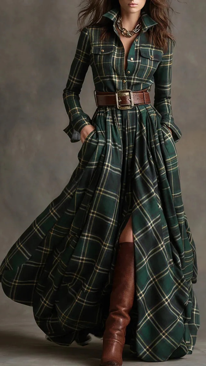 Women's Vintage Plaid Long Dress with Lapel Collar+Belt - Nordfashionstorm - Women's Clothing, Fashion for You - Nordfashionstorm.com